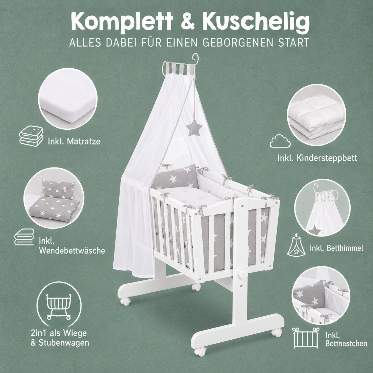roba® Stubenbett Komplettwiegenset "Little Stars", Stubenwagen & Wiege aus Holz in Weiß / Grau – Bild 2 von 5