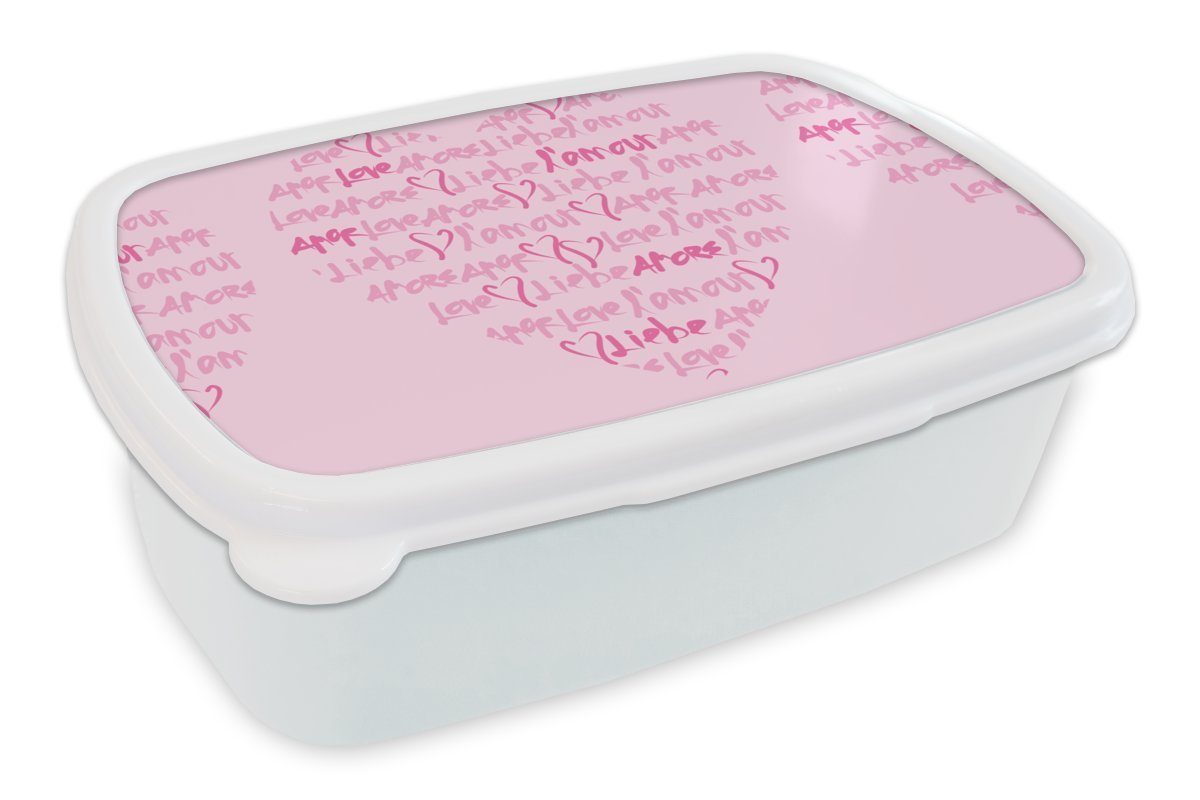 MuchoWow Lunchbox Valentinstag - Liebe, Kunststoff, (2-tlg), Brotbox für Kinder und Erwachsene, Brotdose, für Jungs und Mädchen weiß