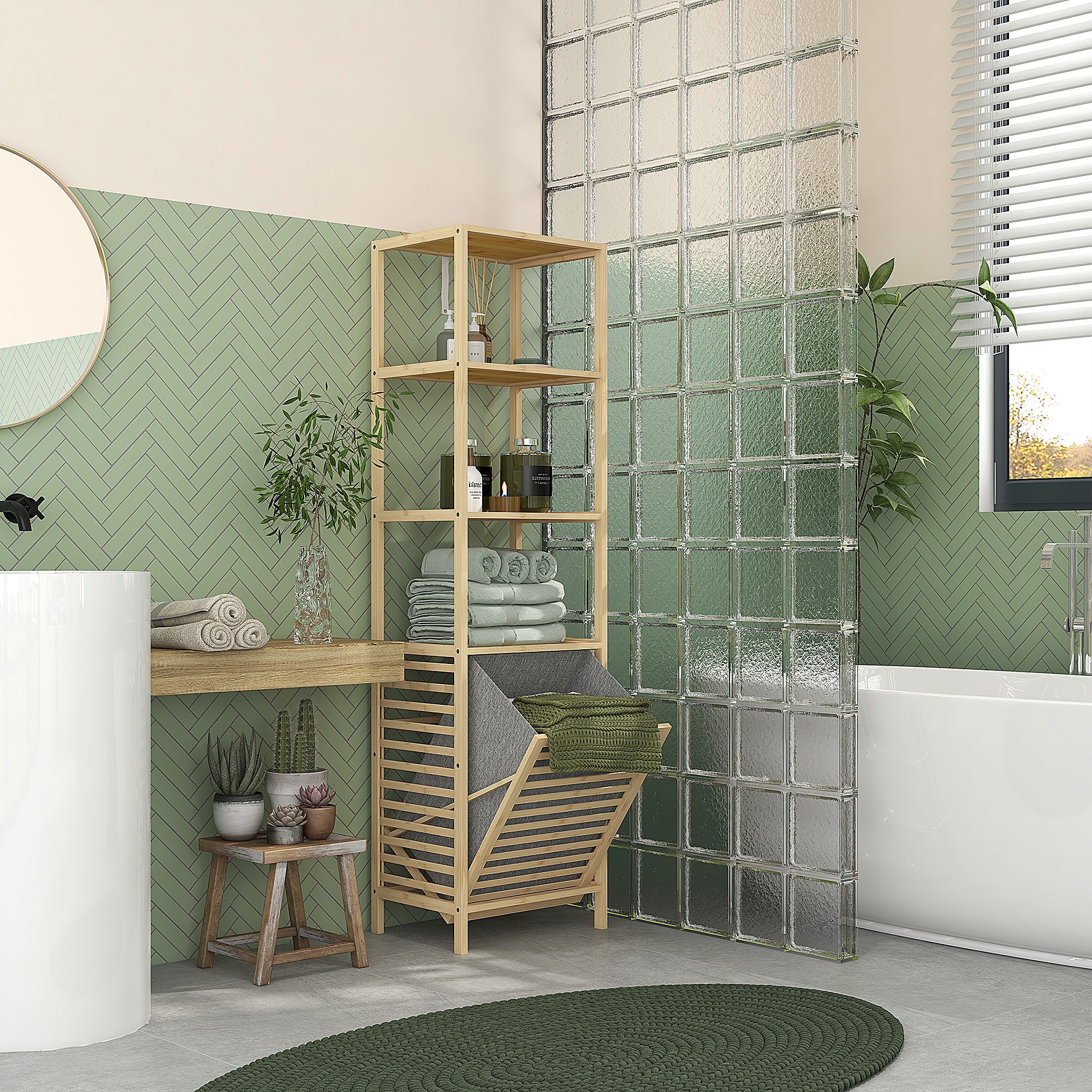 HOMCOM Badregal mit Wäschekorb, schlanker Bambus-Badezimmerschrank, Badezim günstig online kaufen