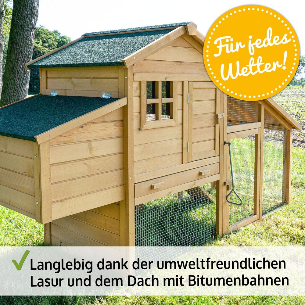 Zooprinz Hühnerstall Komfort XXL mit Freilauf 205x118x75 cm (BxHxT), Kiefernholz, Hühnerrampe, Nistkasten, Klappdach