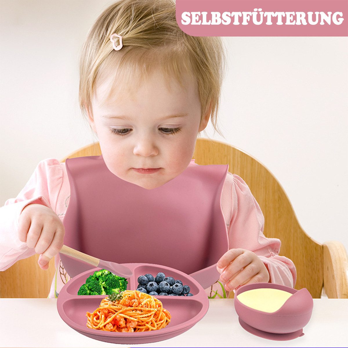 KINSI Kindergeschirr-Set 5er Silikon-Kindergeschirr Set, Babyteller, sicher ohne Schädstoffe, 1 Personen, Kindergeschirr aus Silikon Schüssel, Gabel, Löffel Lätzchen Set