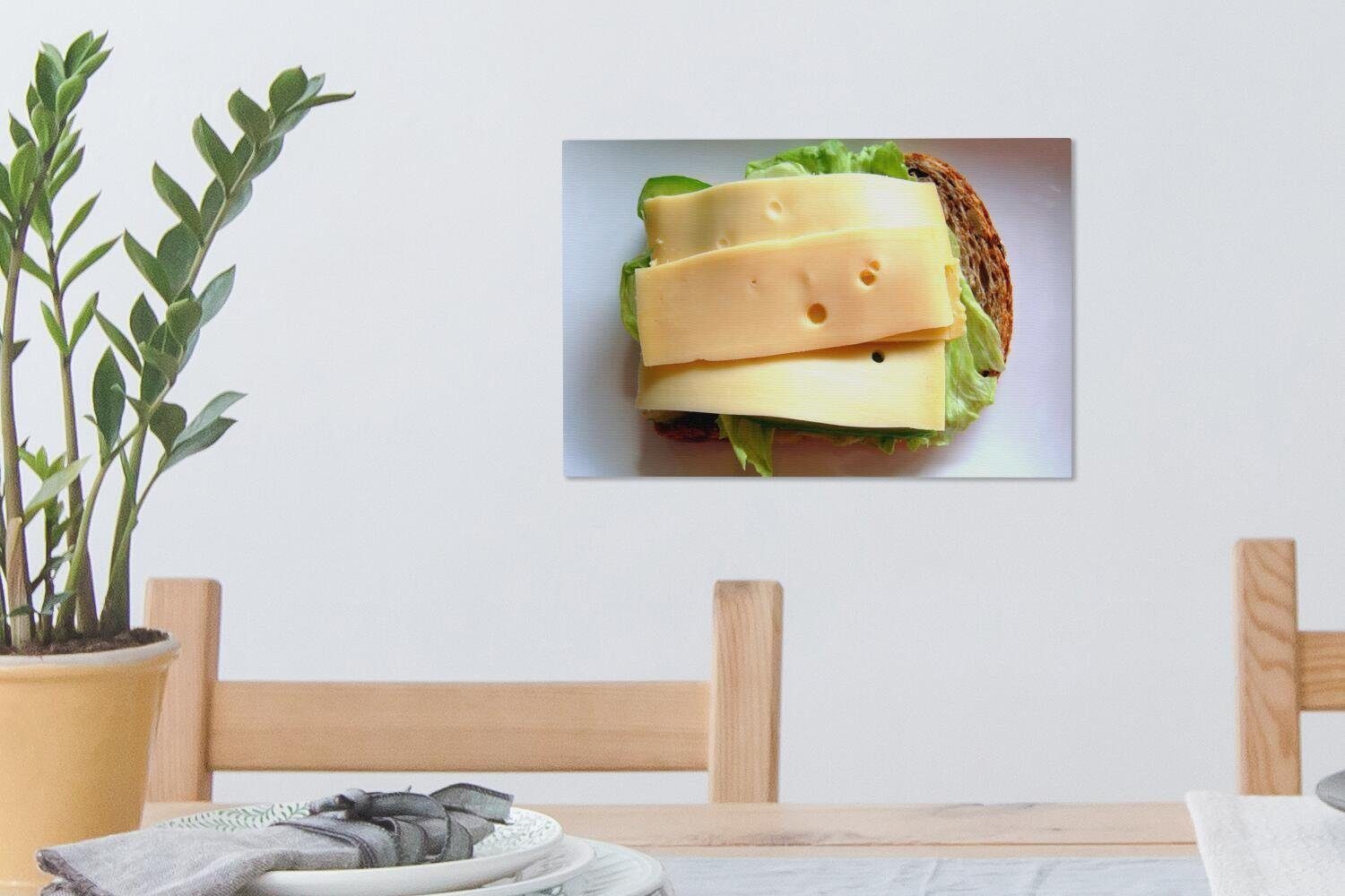 OneMillionCanvasses® Leinwandbild Gouda, Wandbild Wanddeko, St), 30x20 Käse Leinwandbilder, Brot - - (1 cm Aufhängefertig