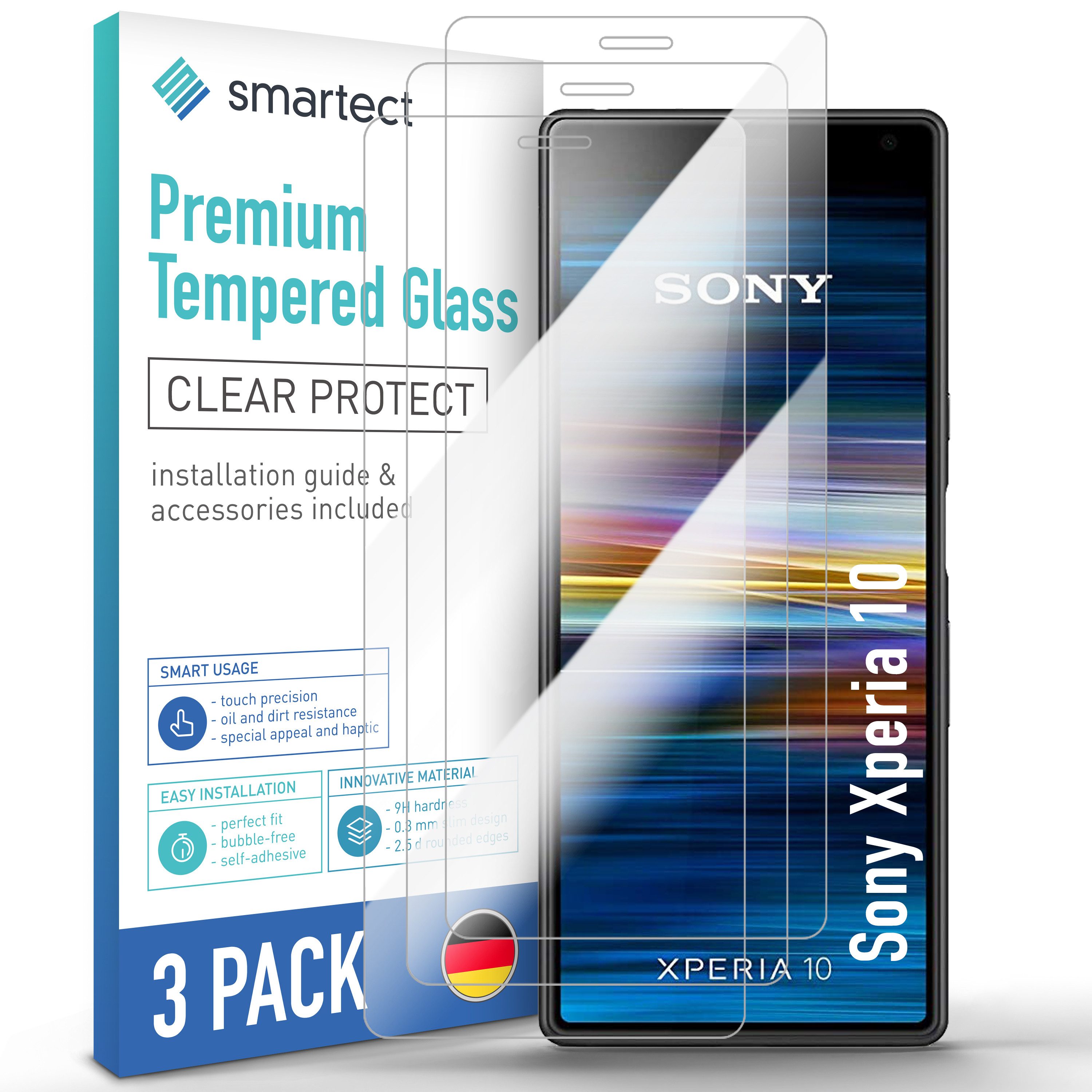 smartect Displayschutzglas Schutzglas Panzerfolie Klar für Sony Xperia 10, Set, 3 Stück, Schutzfolie Glasschutz Bildschirm