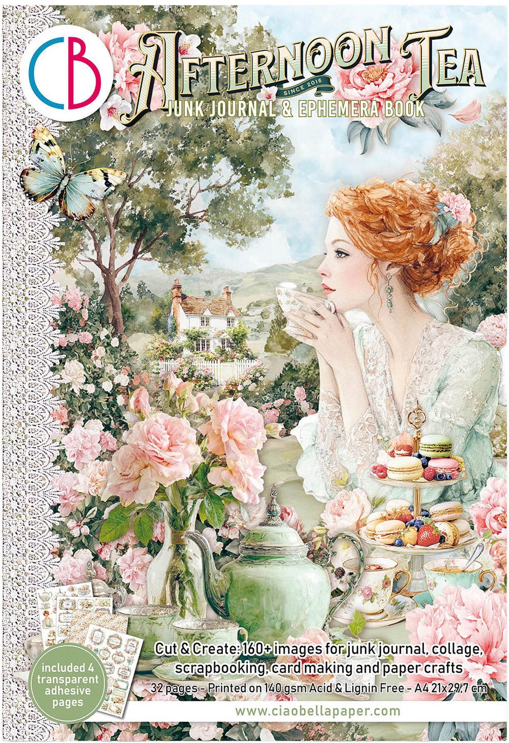 Ciao Bella Motivpapier Junk Journal & Ephemera Book Afternoon Tea, 160 Motive