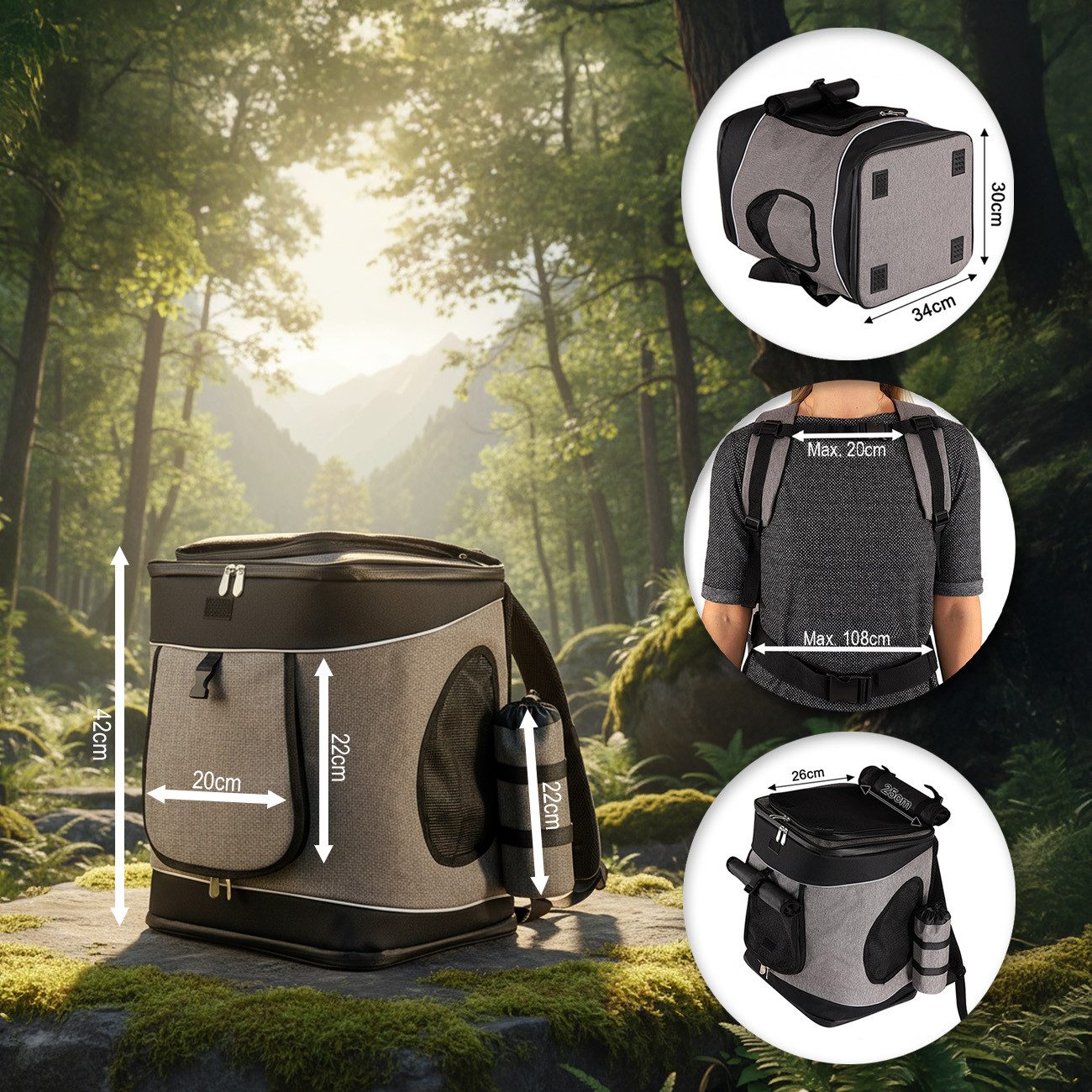 belviona Rucksack für Katzen bis 10 kg, mit Regenschutz, grau/schwarz (1-tlg), mit Belüftung, Trinkflaschenfach & Regenschutz – Bild 5 von 5