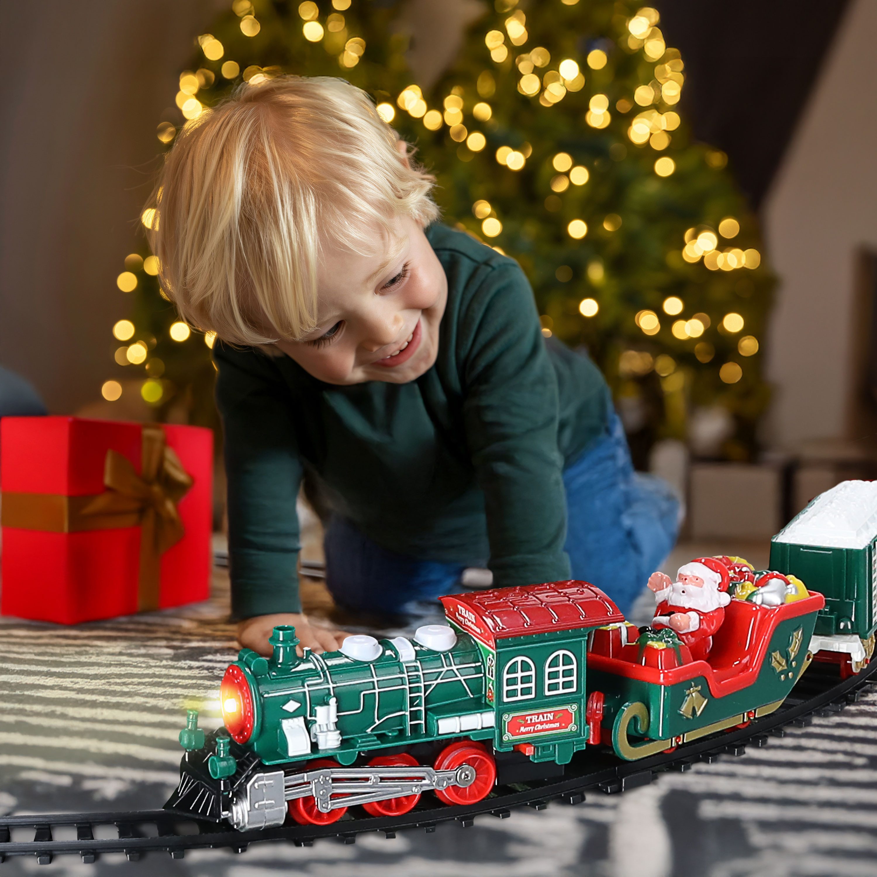 CEPEWA Spielzeug-Eisenbahn Weihnachtszug für Tannenbaum Ø80cm PE Licht Sound Lokomotive 3 Waggons