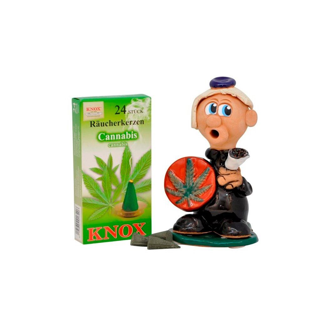 KNOX Räuchermännchen 600108KR, Cannabis-Figur 14cm + Cannabis Räucherkerzen, für Räucherkerzen der Размер M - Made in Germany