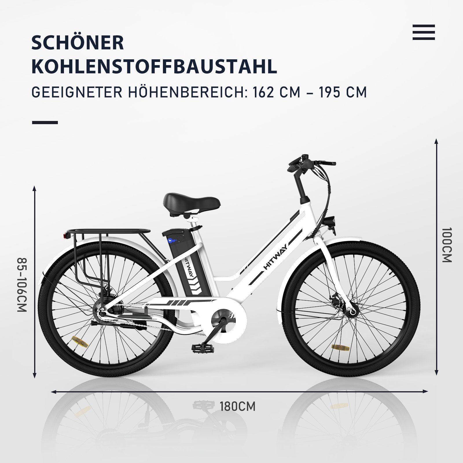 Damen E-Bike Heckmotor, Zoll Herren Batterieladegerät/ 36V weiss*2 8.4AH 25km/h,35-70KM, für 26 Pumpe/Fahrradschloss E-Fahrrad HITWAY