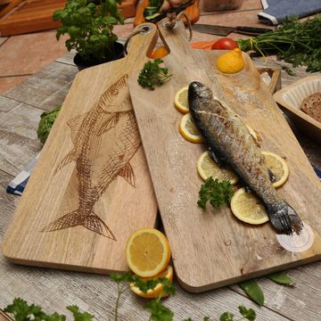 GAUMENKICK Schneidebrett Vesperbrett mit Fischmotiv Mangoholz Holzbrett 58cm, Holz, (1-St)