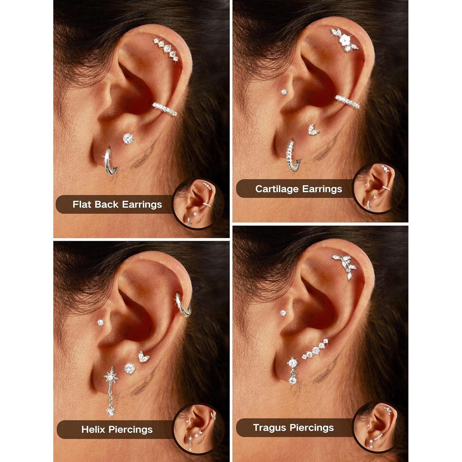 Adramata Ohrring-Set 12Pcs Helix Piercings Set Chirurgenstahl Ohrringe CZ Ohrstecker Tragus
