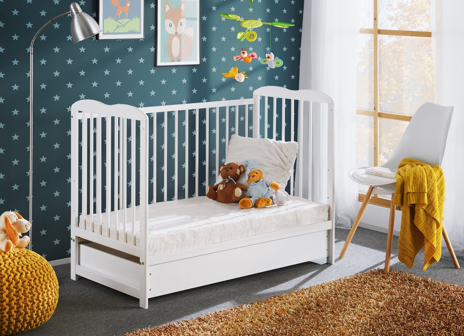 ASM-Moebel Babybett Babybett Gitterbett Beistellbett + Matratze und Schublade ALA 120x60, Mit Schlupfsprossen, Schublade, Abnehmbarer Bezug, Drei Positionen