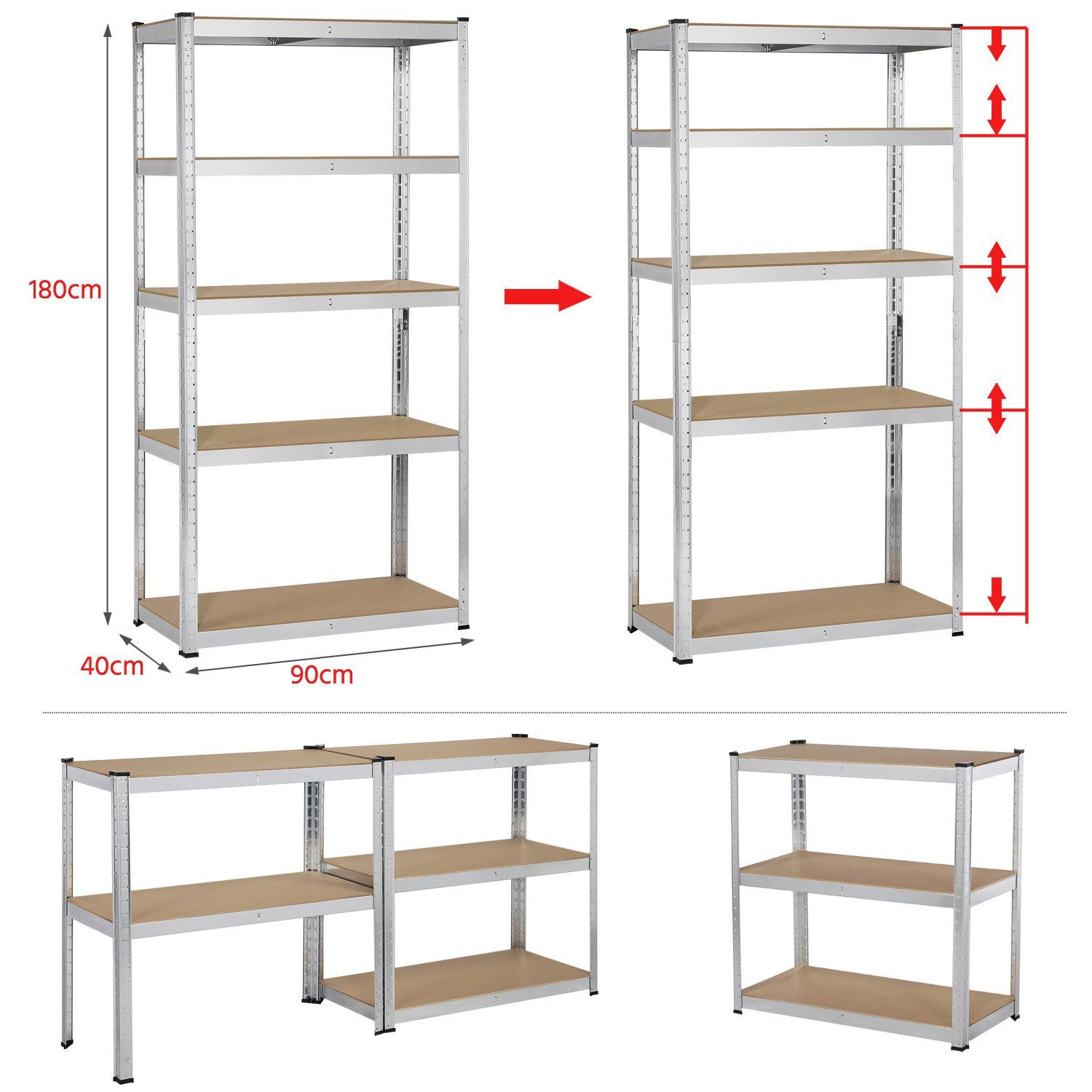 Yaheetech Standregal 5-Stufiges Lagerregal 90 x 40 x 180cm, mit verstellbaren Einlegeböden & flexibler Konfiguration – Bild 4 von 5