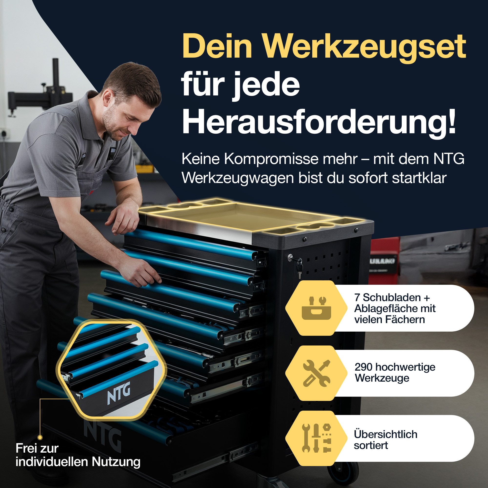 NTG Nutzfahrzeug Technik GmbH Werkzeugwagen 7 Schubladen 290-tlg abschließbar 7 Schubladen + auf Rollen, Blackline, max. Traglast:450 kg, 290-tlg. Werkzeugset, (290-tlg)