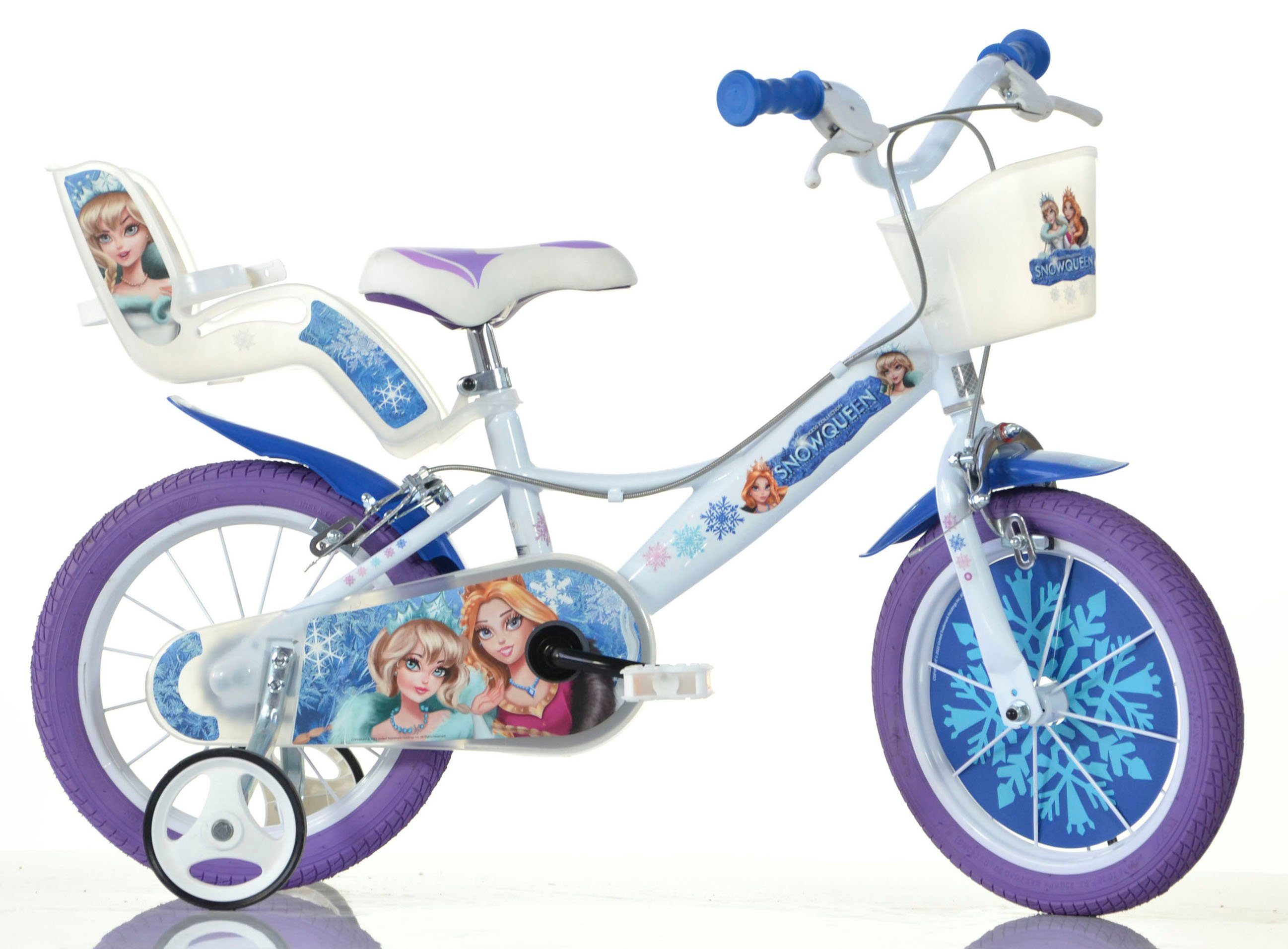 Dino Bikes Kinderfahrrad 16" Snowqueen Kinderfahrrad Mädchen stabiler Stahl-Rahmen Stützräder, 1 Gang, mit Stützrädern, Korb und Puppensitz