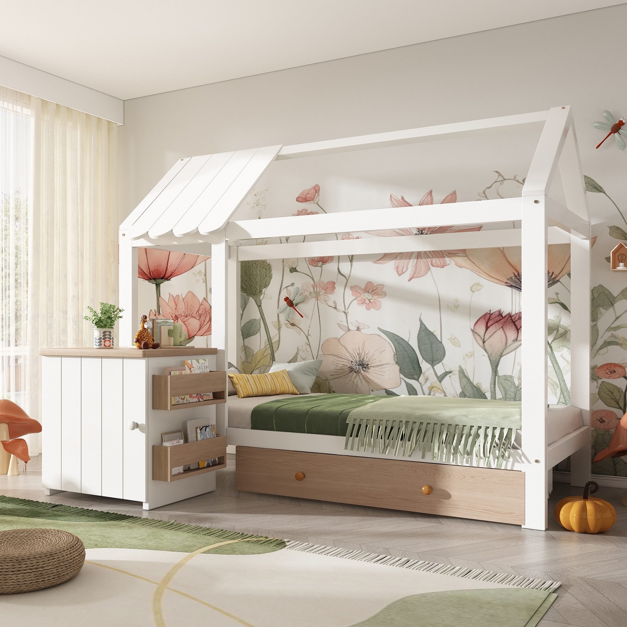 Kinderbett Hausbett im Blockhaus-Design mit Nachttisch und großer Schublade