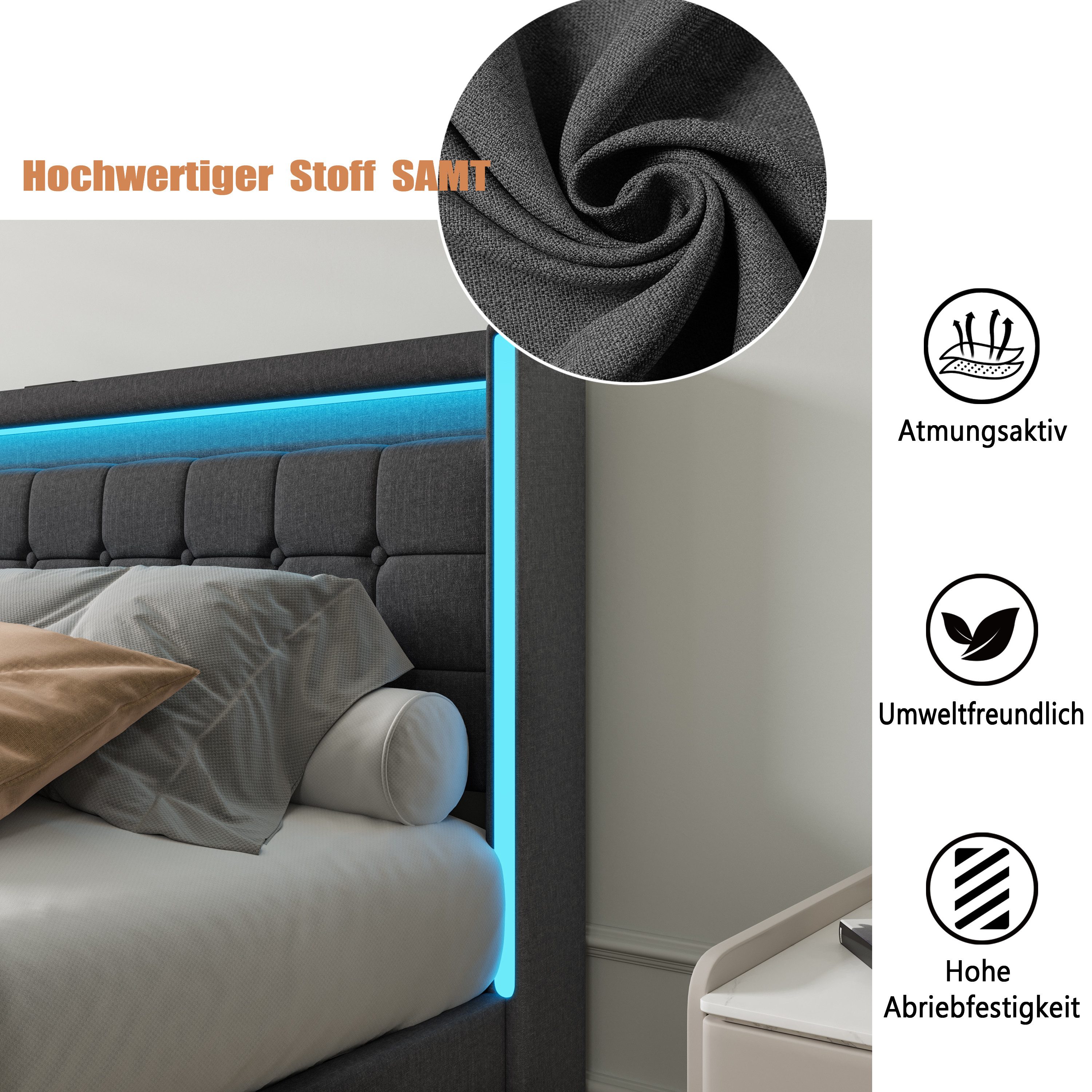 ADWOLT Polsterbett Doppelbett Stauraumbett mit 4 Schubladen, 180x200 cm,mit LED Licht und USB+Type C,Gepolstert,Leinenstoff,Grau – Bild 4 von 5