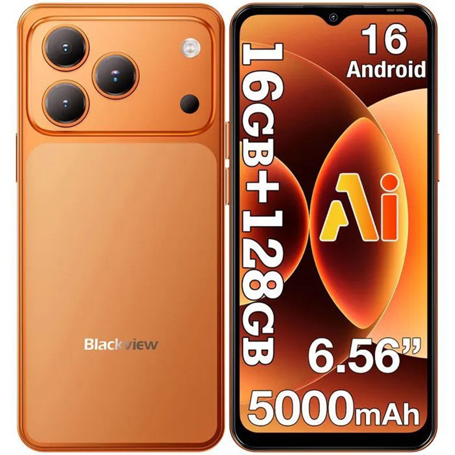 blackview Smartphone ohne Vertrag,16GB +128GB, 5000mAh Akku,Android 16, Dual SIM Smartphone (6.56 Zoll, 128 GB Speicherplatz, 6,56" HD+ Display, Face ID, KI-Smartphone mit Doke AI 2.0, IP54)