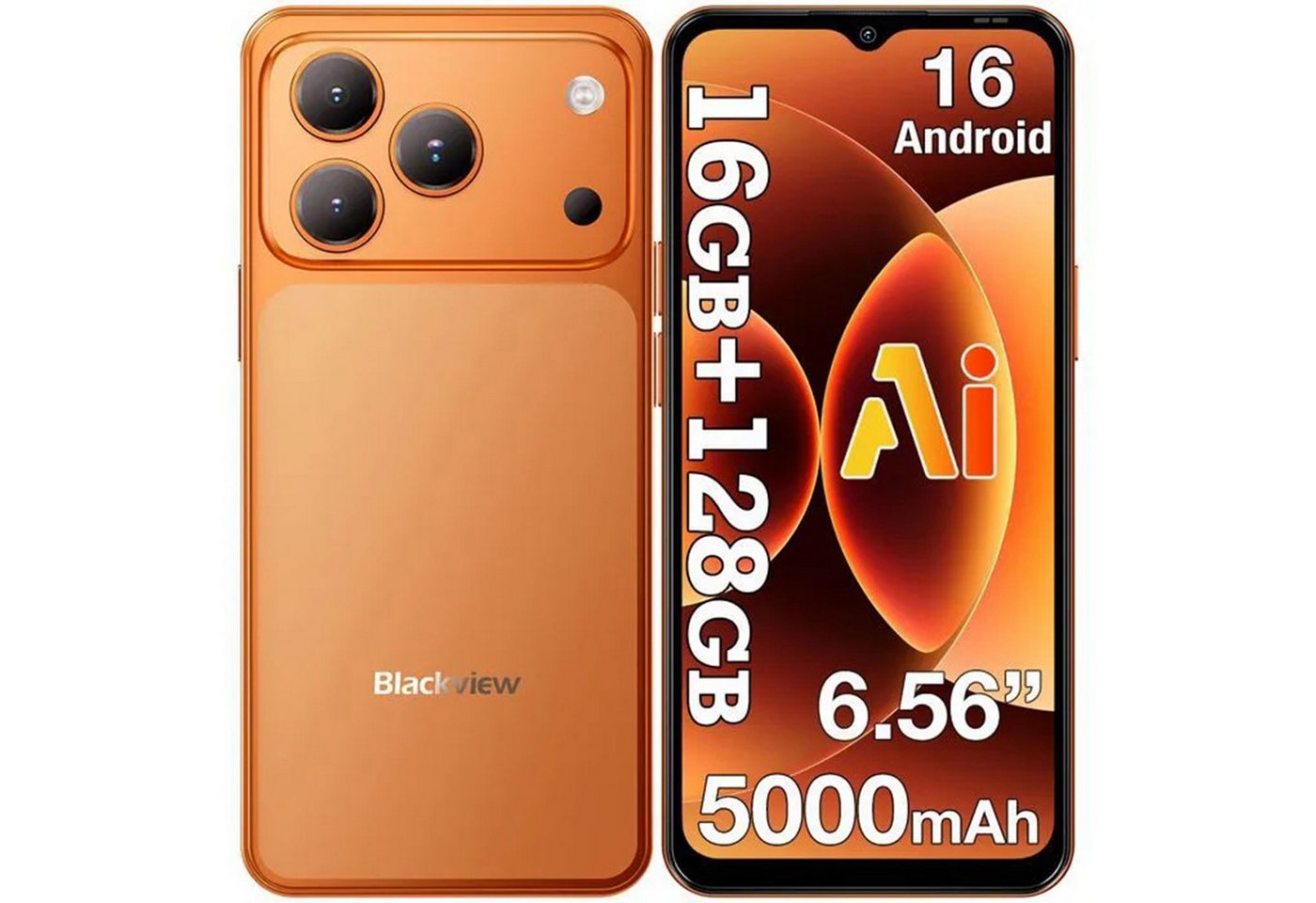 blackview Smartphone ohne Vertrag,16GB +128GB, 5000mAh Akku,Android 16, Dual SIM Smartphone (6.56 Zoll, 128 GB Speicherplatz, 6,56" HD+ Display, Face ID, KI-Smartphone mit Doke AI 2.0, IP54)