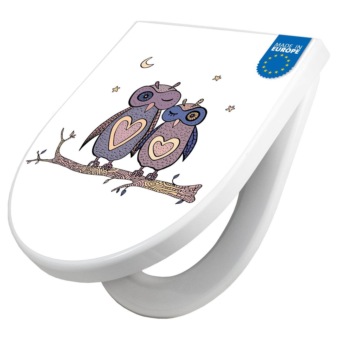 banjado WC-Sitz Premium D-Form mit Absenkautomatik Motiv Verliebte Eulen (umweltfreundliches Material, Softclose Absenkautomatik), 45 x 36,4 x 4