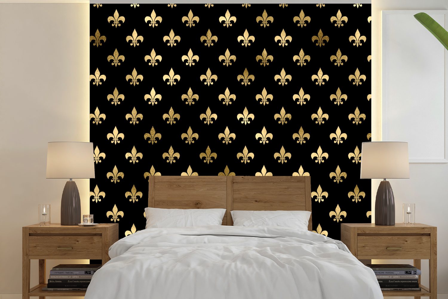 MuchoWow Fototapete Muster St), (5 Schlafzimmer, - Wandtapete bedruckt, Tapete oder für Matt, - Wohnzimmer Krone Gold, Vinyl