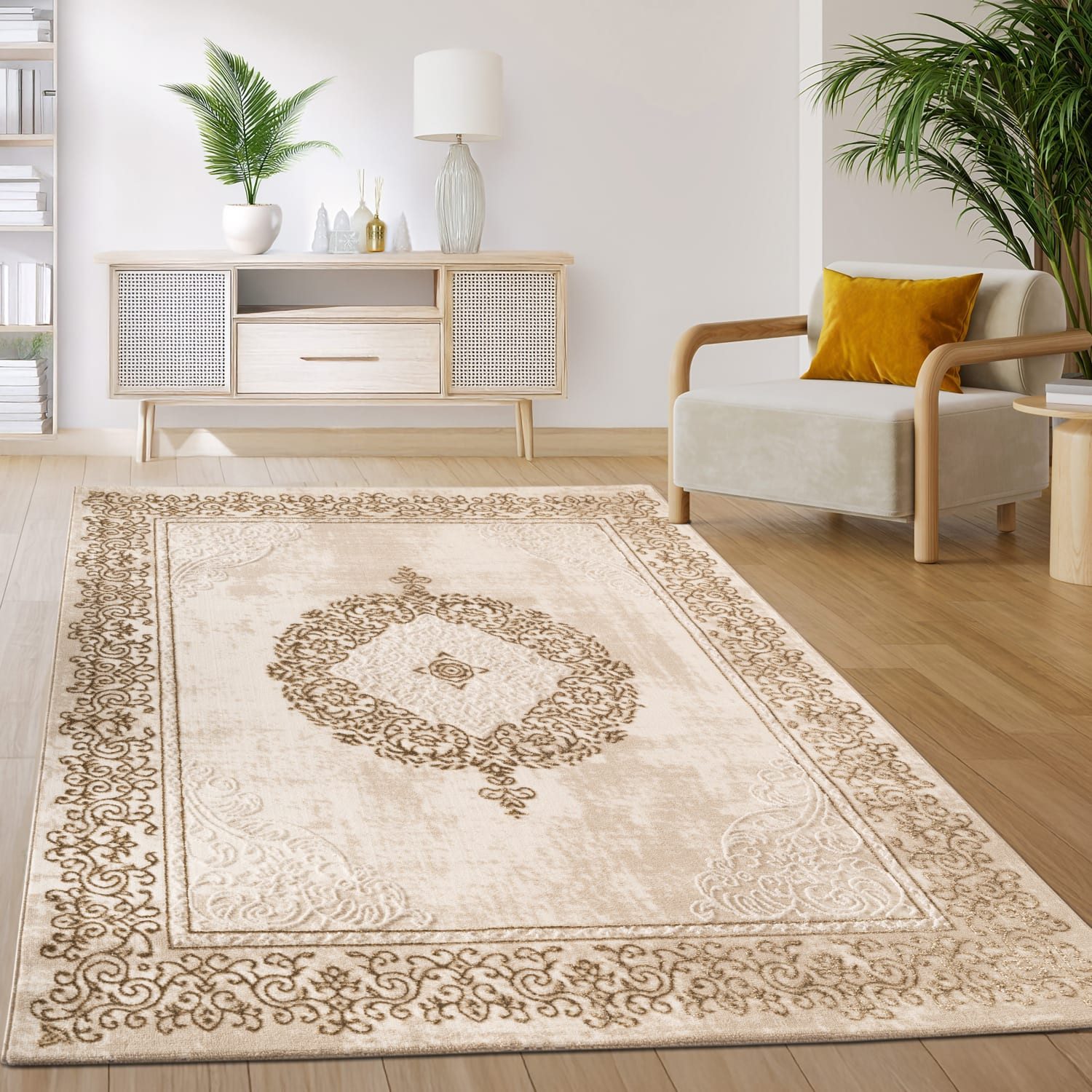 KADIMA DESIGN Teppich Orientalisch Wohnzimmer 100% Polyester Teppich Kurzflor, Läufer, Höhe: 12 mm, Florhöhe: 8 mm, Handwäsche, Rücken – Baumwolle, Läufer, 80×150, Beige