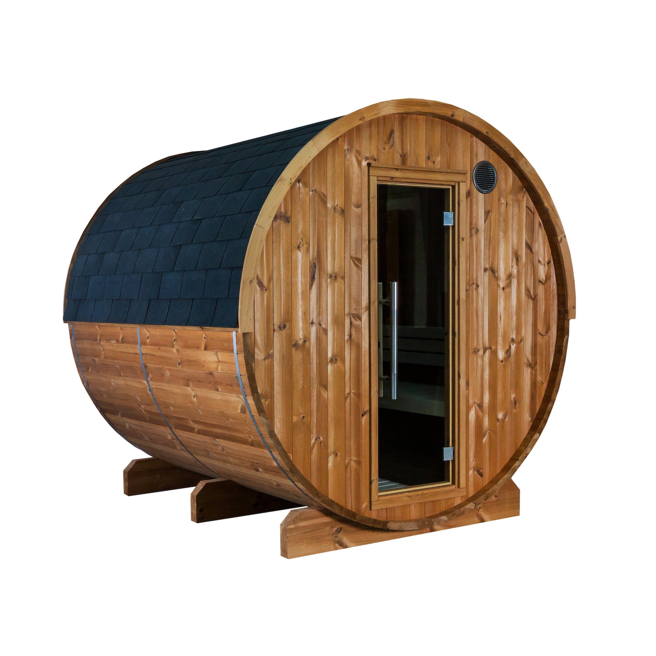 Fasssauna Sentiotec Kaski 220 Panorama Fasssauna Außensauna aus Thermo-Kiefer