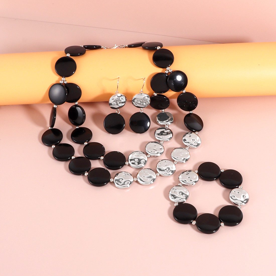 KARMA Schmuckset Damen Schwarz Gold od. Silber Acryl Damenarmband, Ohrringe & Halskette (Acrylkette modern, Damenschmuckset, Ohrhänger, Damenhalskette, Damenarmband), Armschmuck Kette Ohrschmuck Geschenkset für Frauen