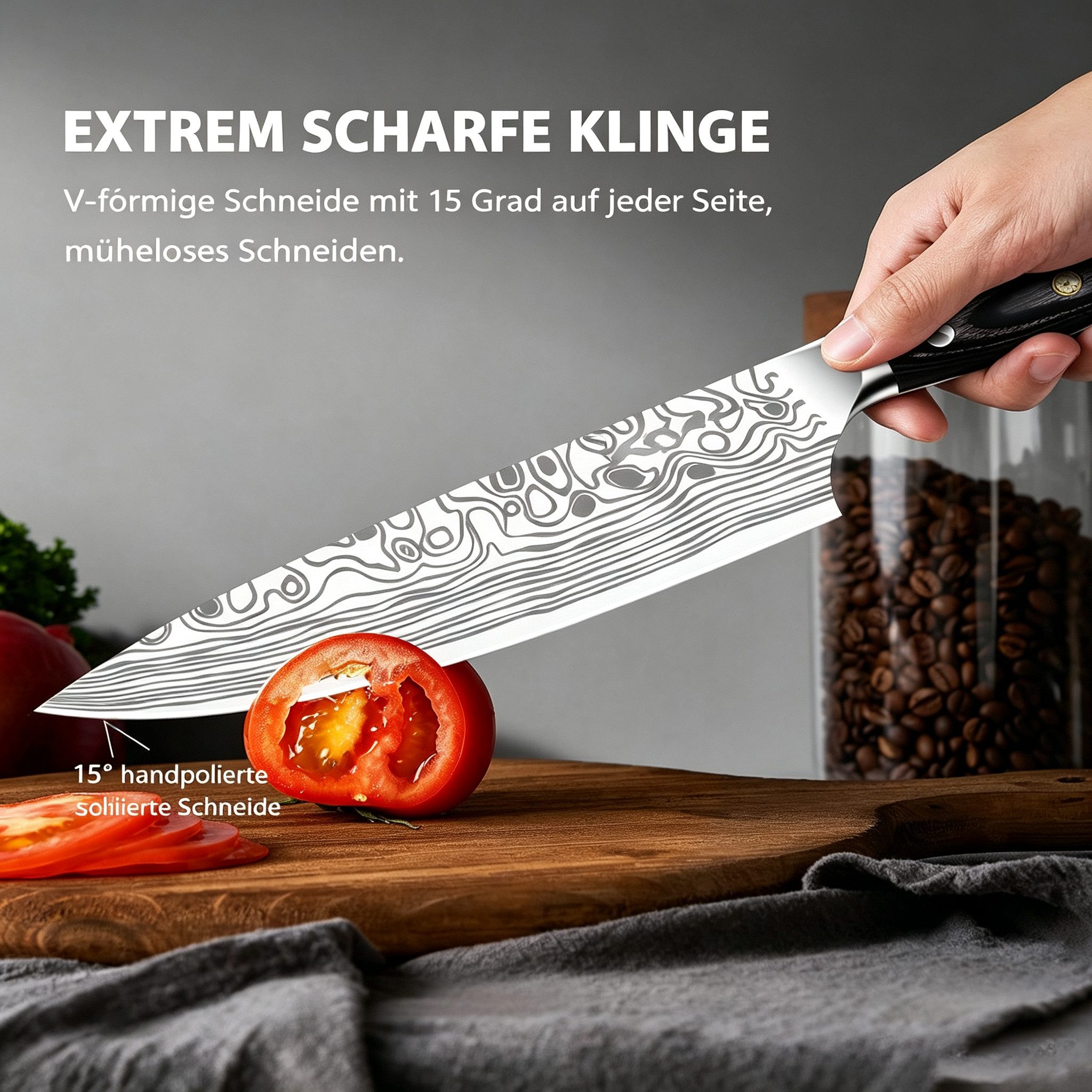 ibettertec Messer-Set Kochmesser Profi Messer 20 cm Scharfes Küchenmesser mit Messerschärfer (Profi-Chefmesser-Set mit Schärfer, Fingerschutz und Geschenkbox), Chefmesser aus Edelstahl Komfortabler Holzgriff, mit Messerschärfer
