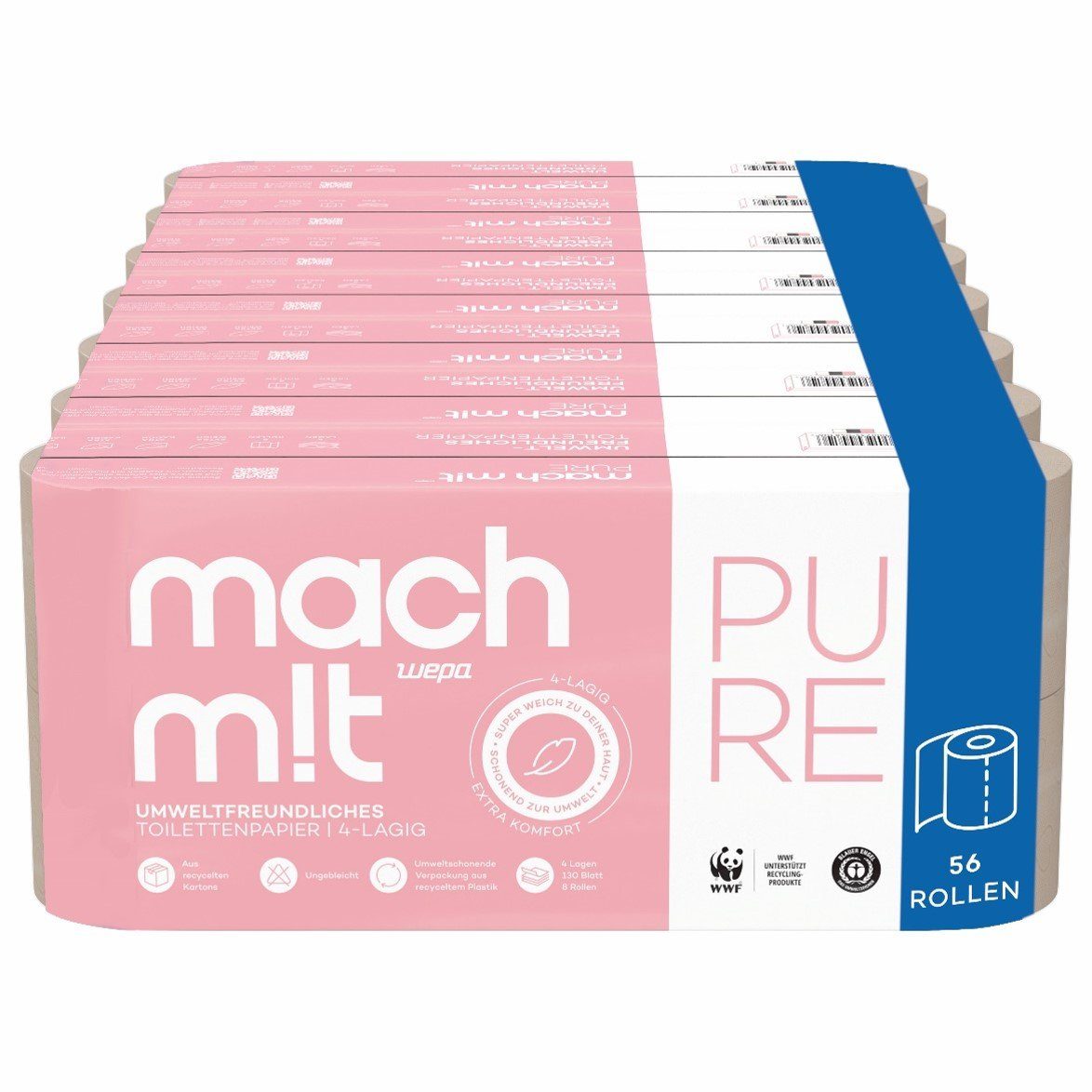 mach m!t Toilettenpapier PURE 4-lagig - extra weich - das Premium Hygienepapier (56-St)