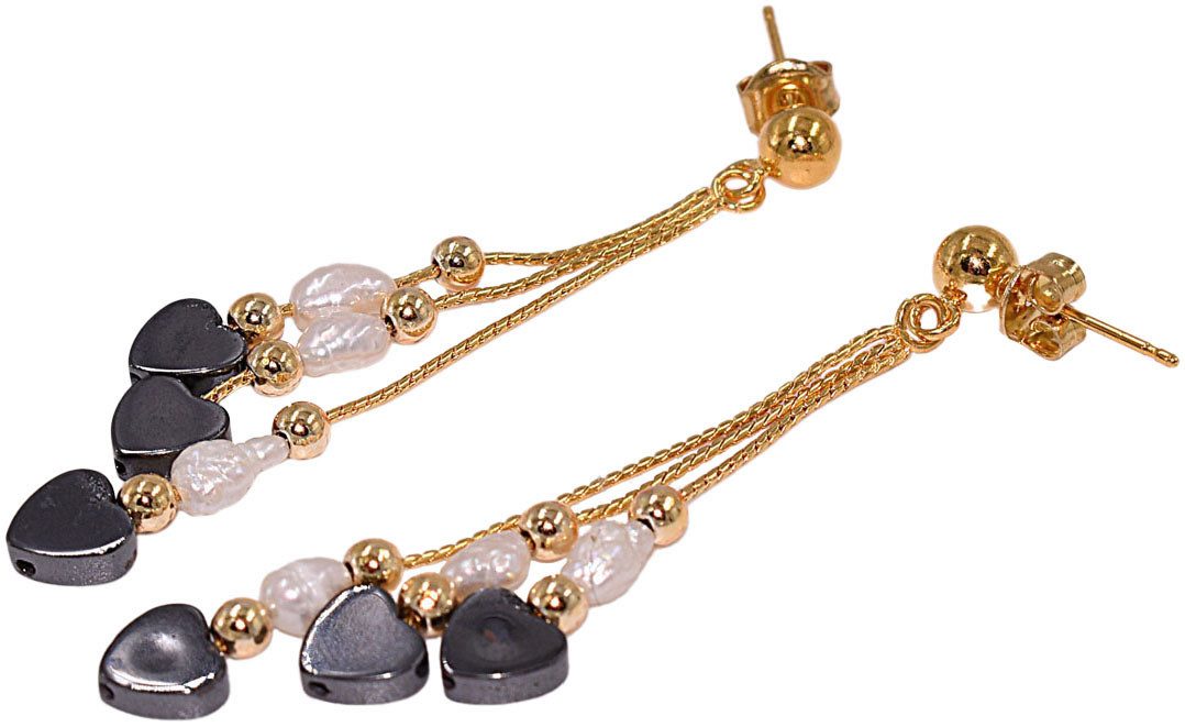 Firetti Paar Ohrstecker Schmuck Geschenk Silber 925 Ohrschmuck Ohrringe Herzen Edelsteine, Made in Germany - mit Hämatit - mit Süßwasserzuchtperle