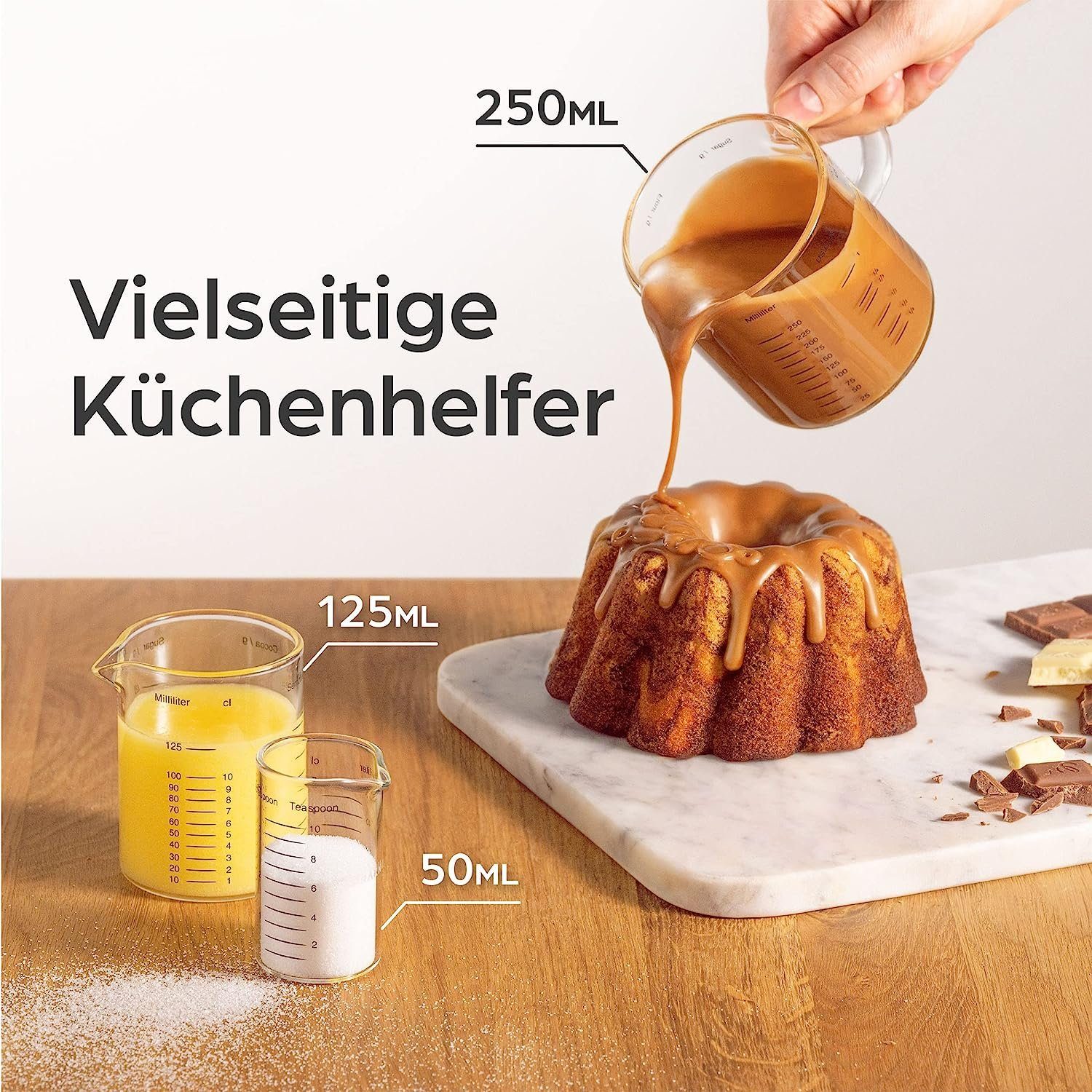 Praknu Messbecher Glas Messbecher mit Ausguss - 50ml, 125ml, 250ml - Präzise Skala, Borosilikatglas, (Set)