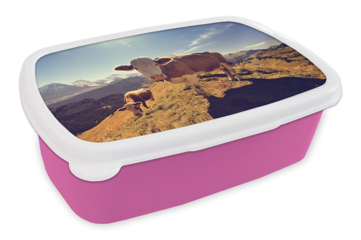 MuchoWow Lunchbox Kühe - Licht - Alpen, Kunststoff, (2-tlg), Brotbox für Erwachsene, Brotdose Kinder, Snackbox, Mädchen, Kunststoff rosa