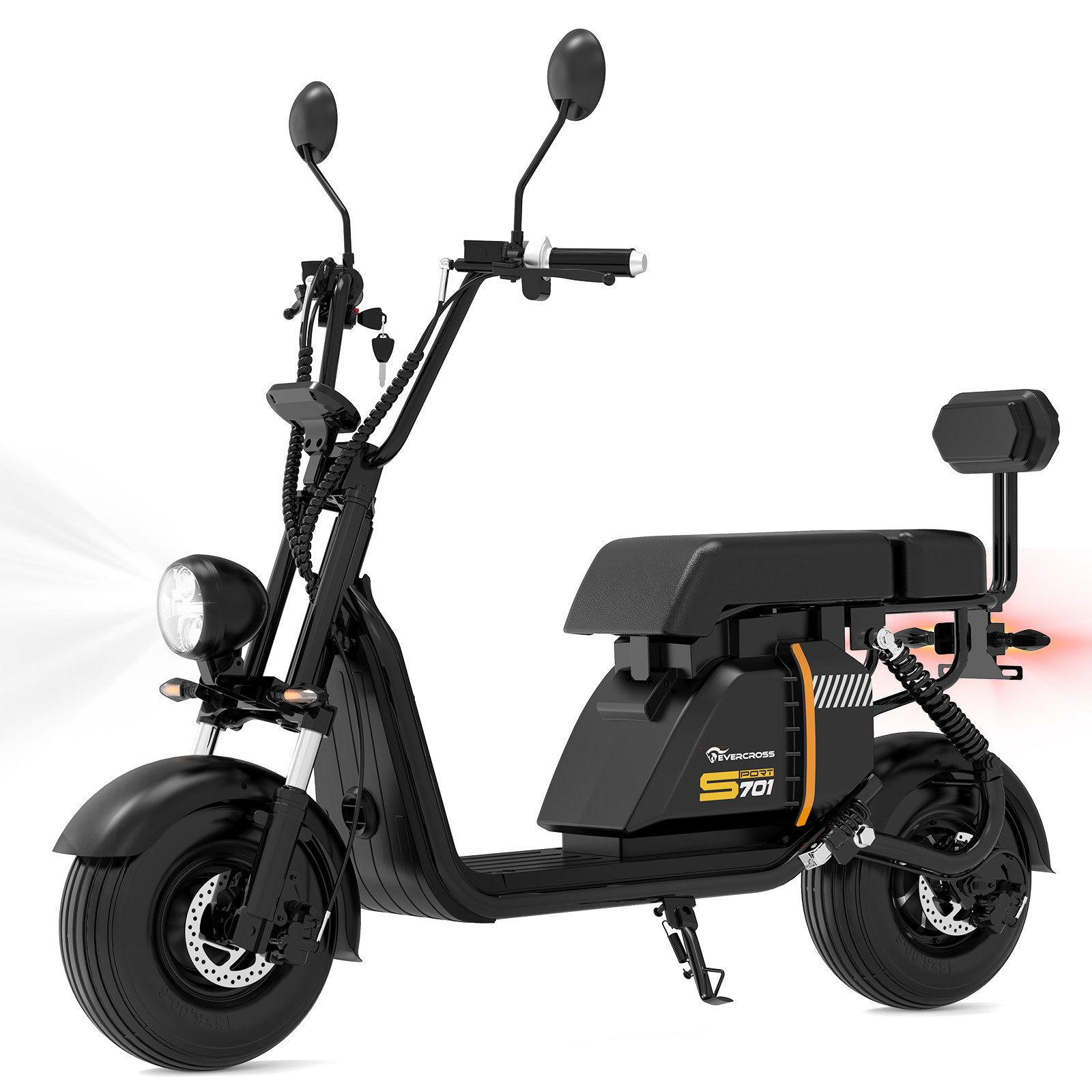 EVERCROSS TECH E-Motorroller 48V-25Ah, AM-Führerschein, 1500W, 60KM,45 km/h, 25 km/h, LED-Anzeige, Blinker, Funkschlüssel, Alarmanlage, Doppelstoßdämpfer