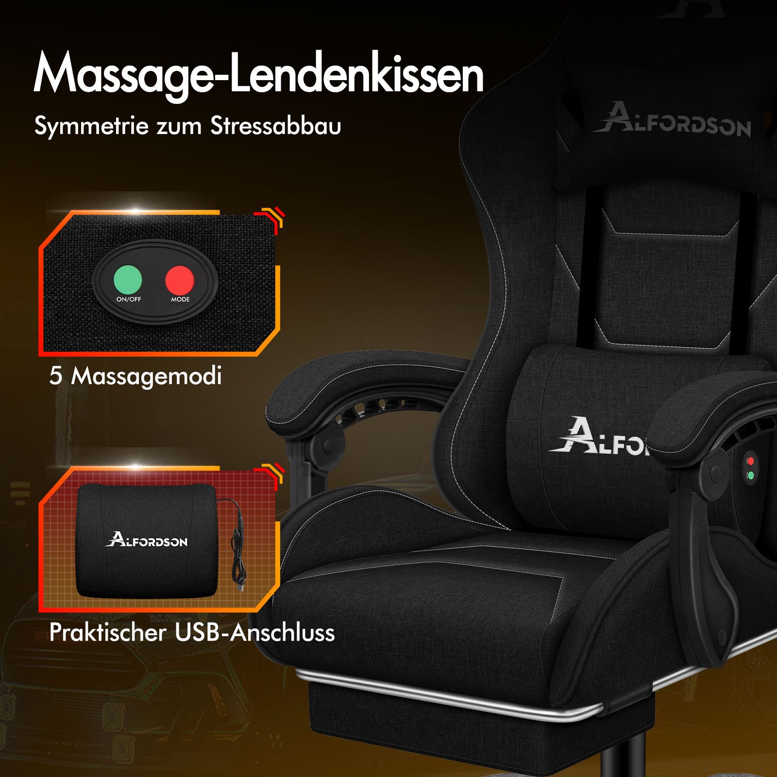 ALFORDSON Bürostuhl Gaming-Stuhl, Massage-Gaming-Stuhl, Ergonomischer Gamer-Stuhl, mit Fußstütze, Kopfstütze, Massage-Lendenkissen, Gepolstert, Schwarz