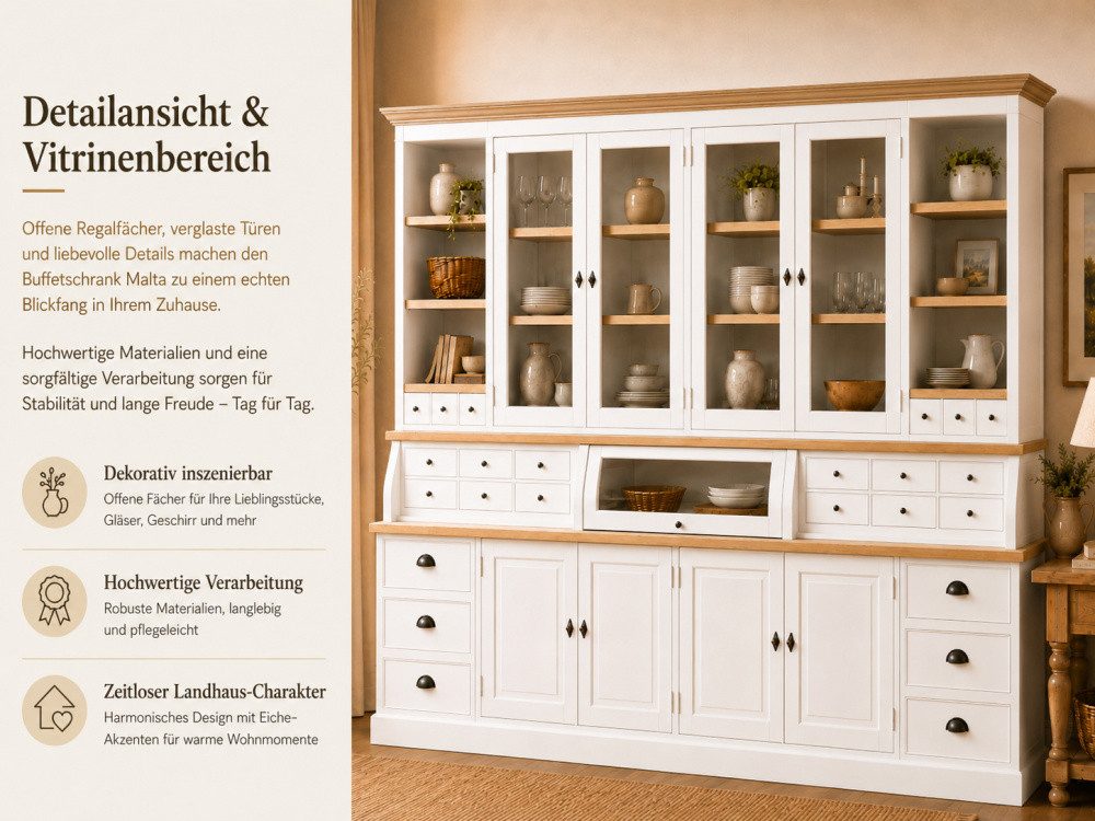 Wohnpalast Buffet Landhaus Buffet Schrank Malta Ladenschrank weiss mit Eiche 300 cm