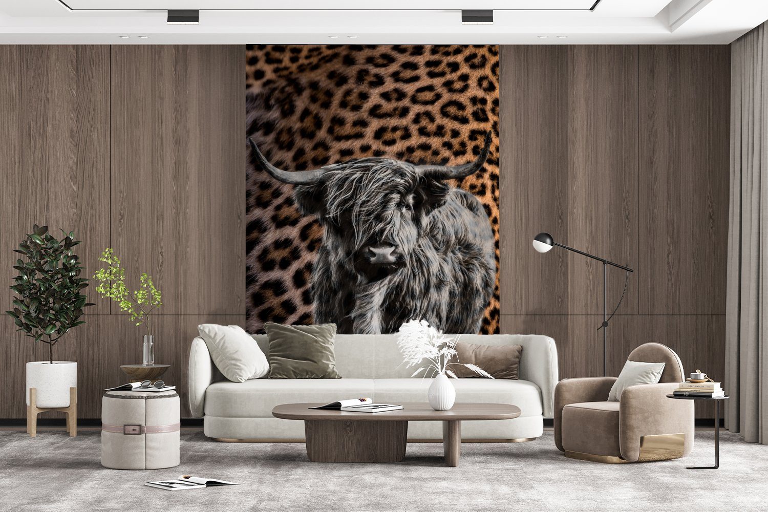 MuchoWow Fototapete Wohnzimmer, - St), Highlander für Wandtapete Schwarz bedruckt, Vinyl Montagefertig Panther, Schottischer - (3 Matt, Tapete