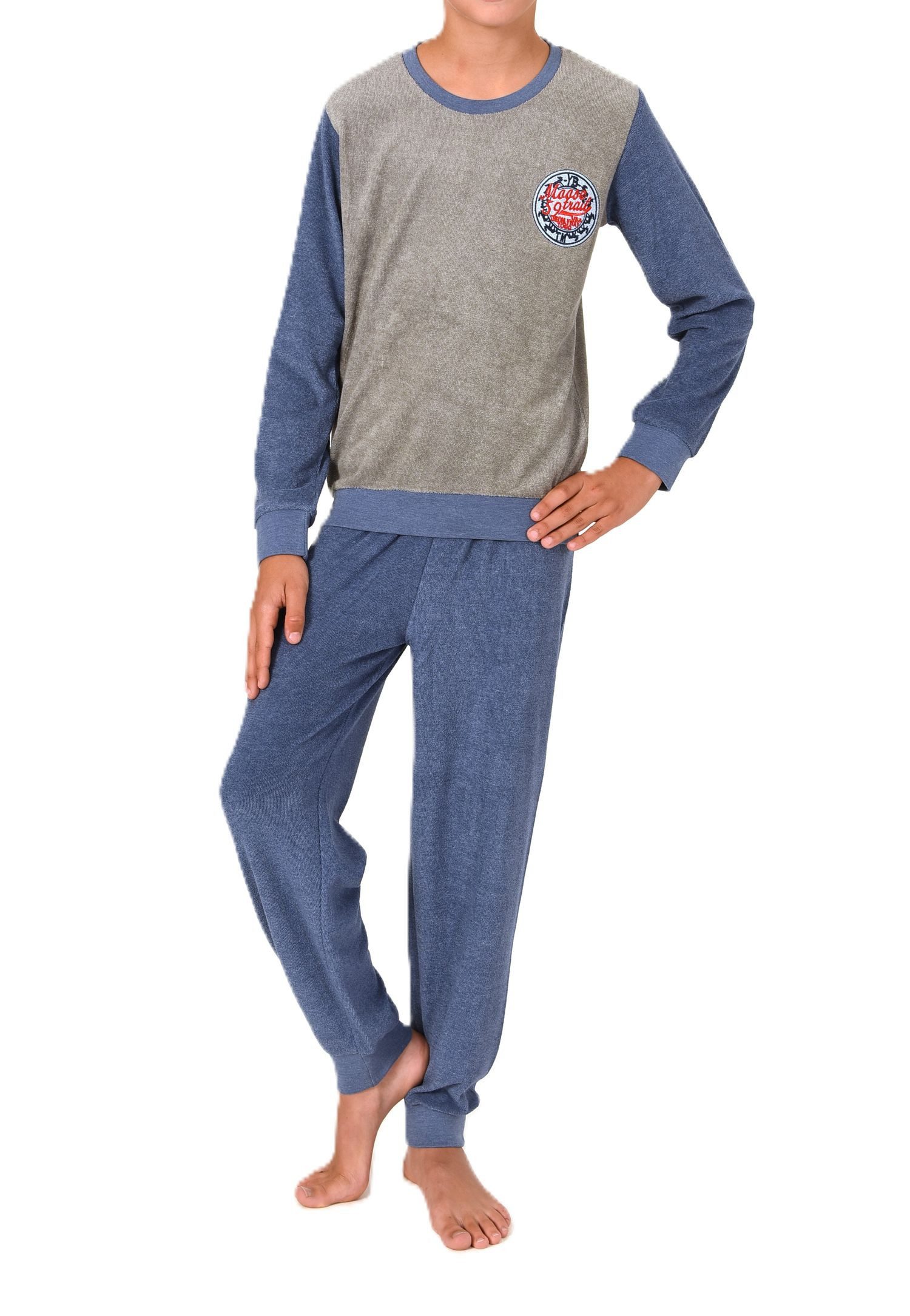 Normann Pyjama Normann Jungen Frottee Pyjama Schlafanzug mit Bündchen und Stickerei