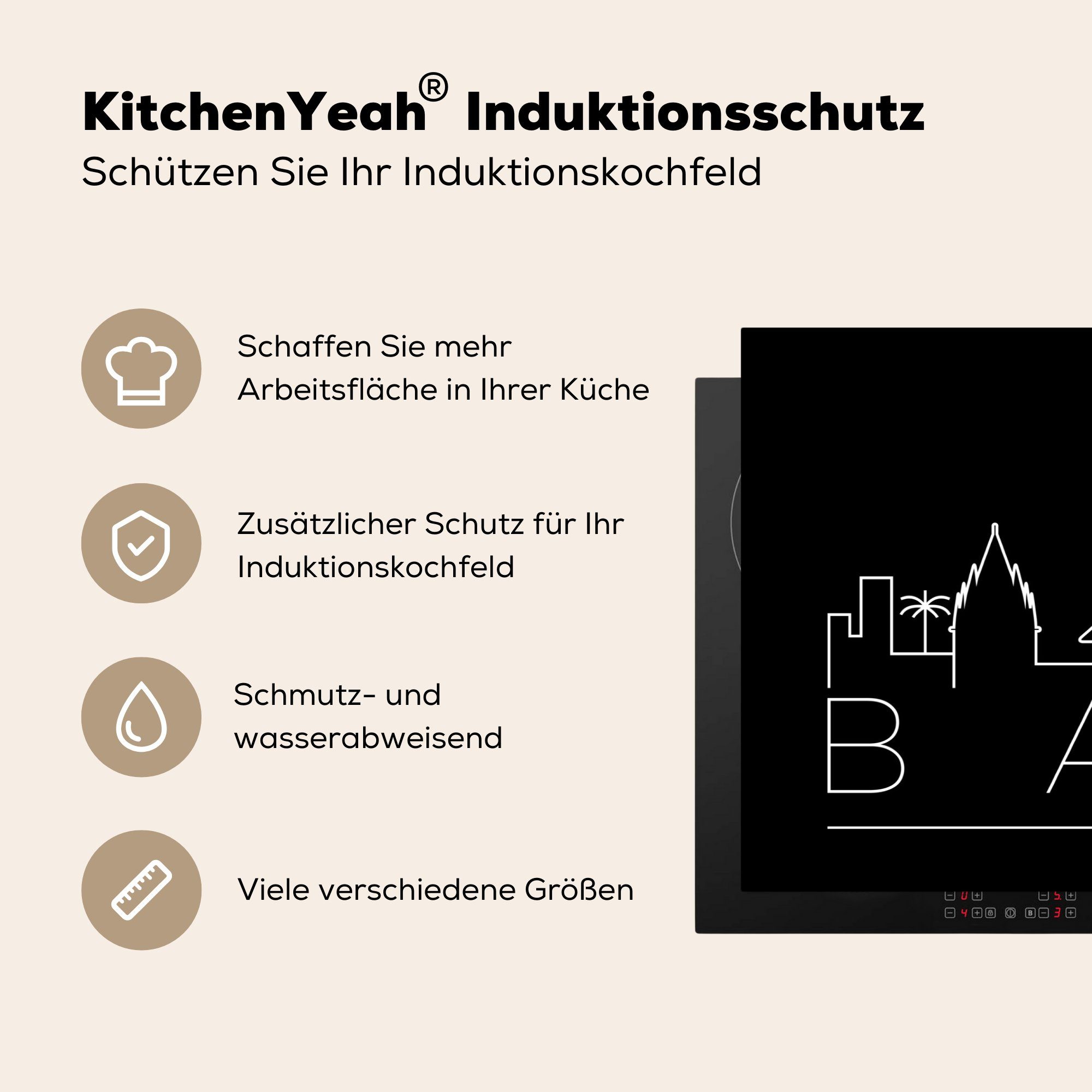 schwarzem 81x52 Herdblende-/Abdeckplatte für MuchoWow Schutz cm, die tlg), (1 auf Induktionskochfeld küche, Hintergrund, "Bali" Skyline Vinyl, Ceranfeldabdeckung