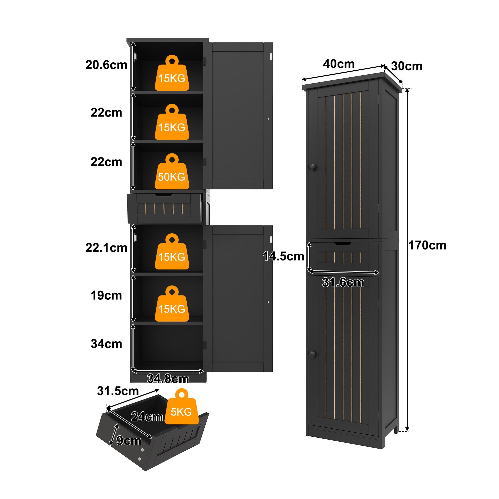 Celya Hochschrank Küchenschrank, 40×30×170 cm, mit 2 Türen und 1 Schublade (mit verstellbaren Einlegeböden für flexible Aufbewahrung) Geeignet für Küche, Esszimmer oder Wohnzimmer