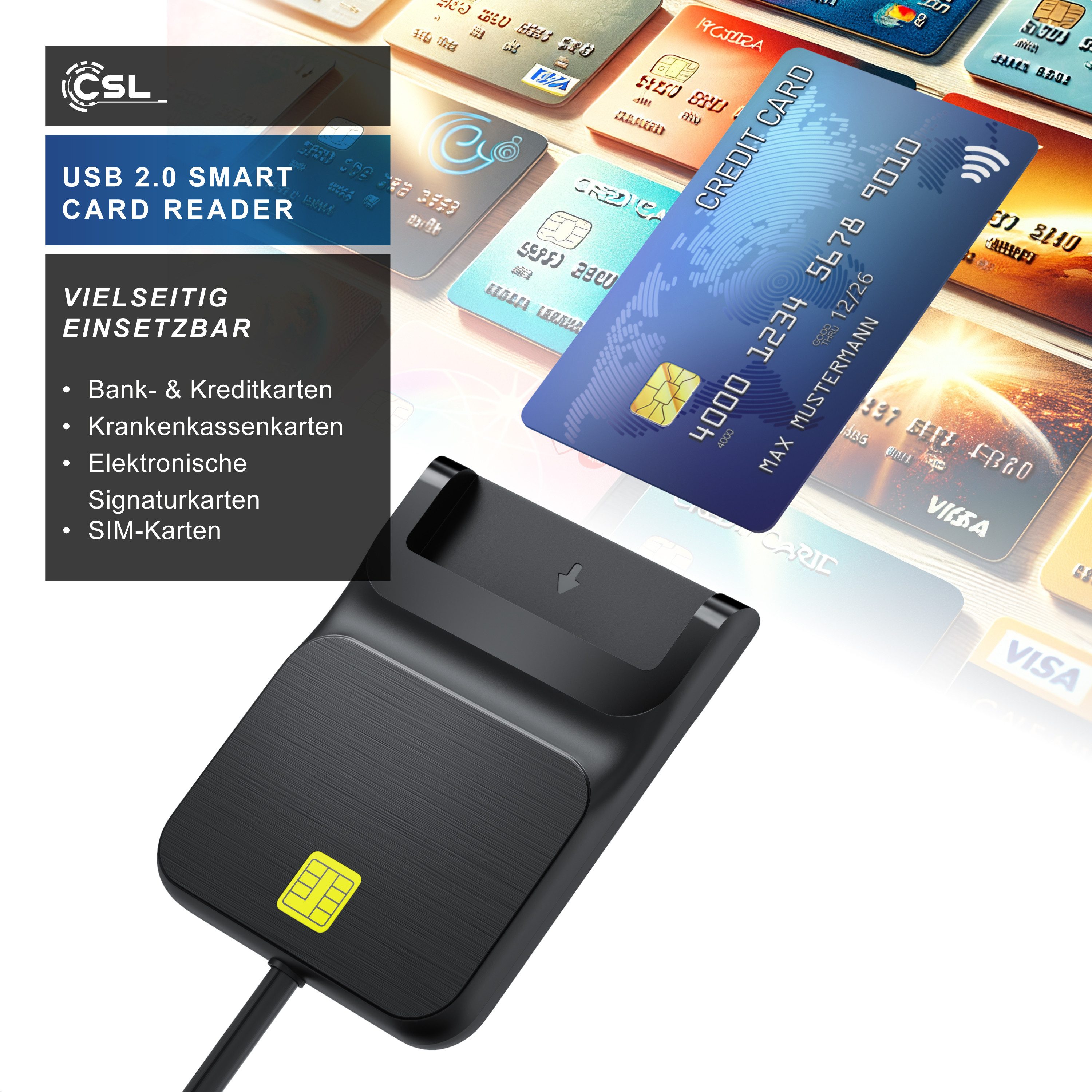 CSL Speicherkartenleser USB SmartCard Reader / Chipkartenleser, Sim Kartenleser, USB 2.0, Cardreader für SIM Cards, SD, MicroSD, für Mac OS X & Windows 7-11