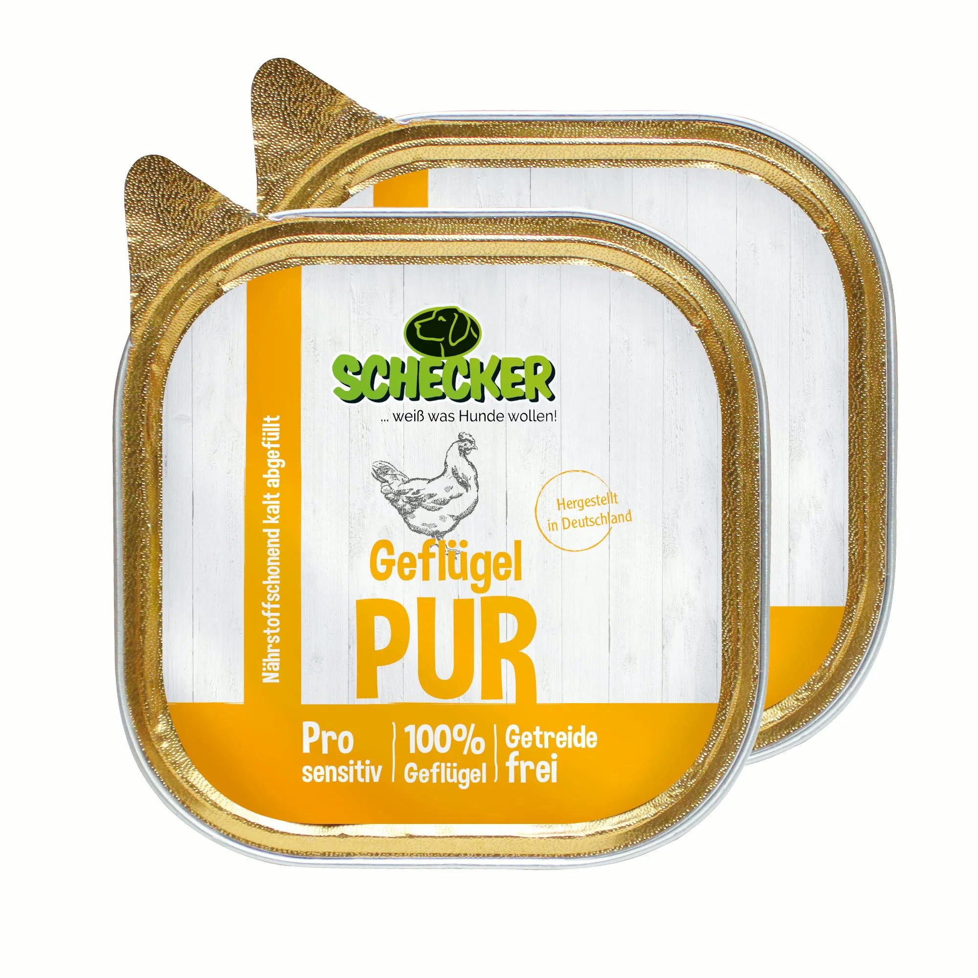 Schecker Geflügel PUR im Schälchen - getreidefrei Geflügel, Nassfutter für: Hunde, Genuss PUR, ohne Getreide oder irgendwelche andere Zutaten.