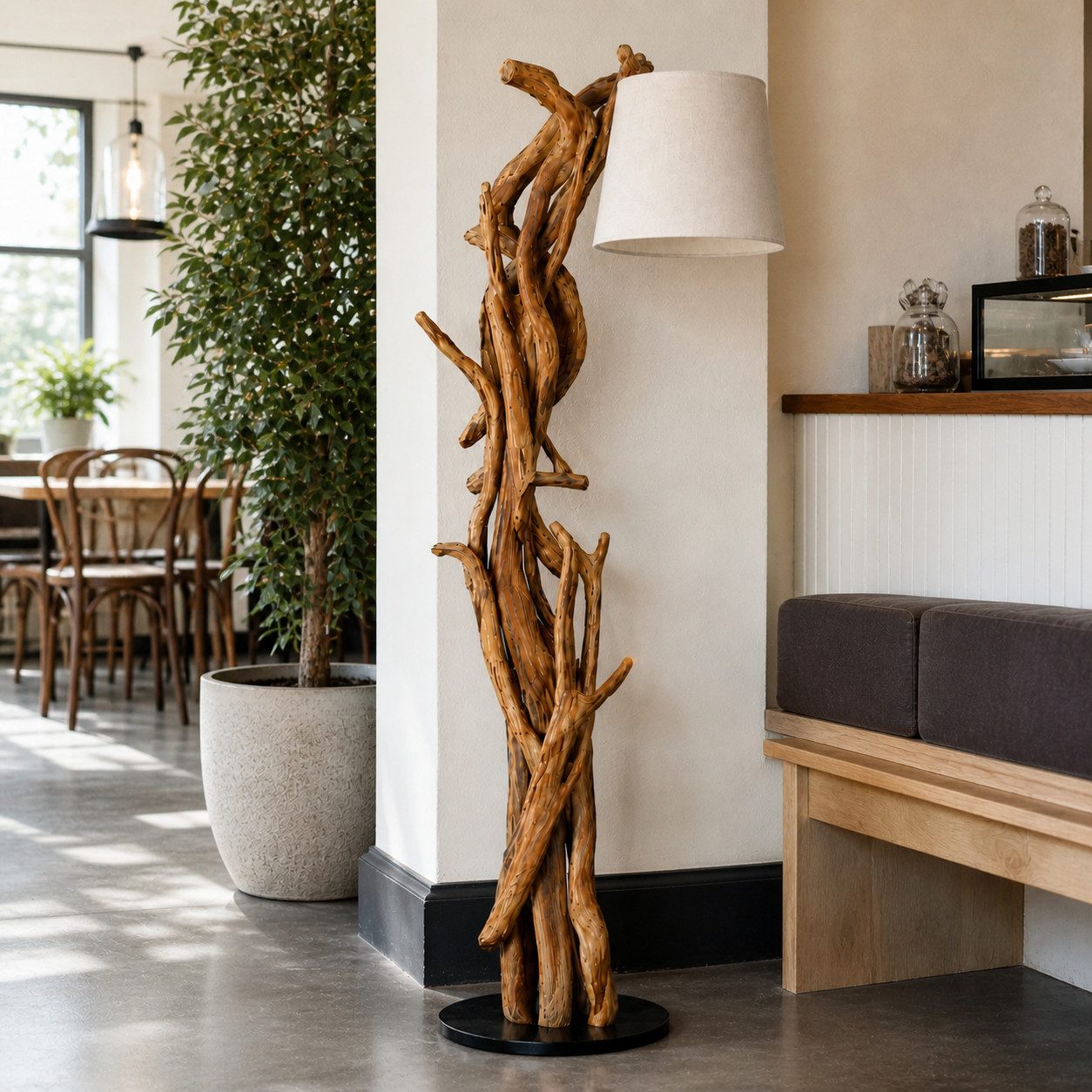 Möbel Bressmer Stehlampe MORGAN Stehlampe holz 185cm,teakholz stehlampe,natürlich Leinenfarbton, ohne Leuchtmittel