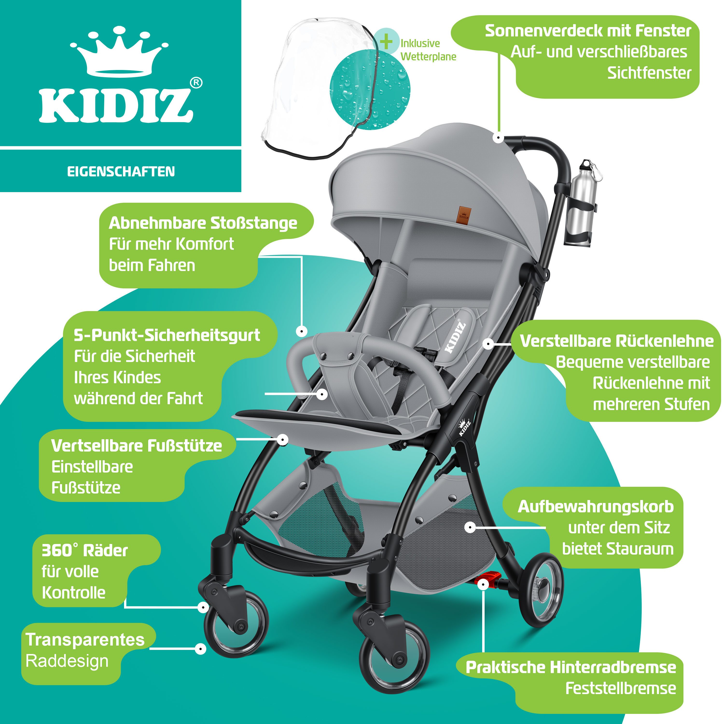 KIDIZ Kombi-Kinderwagen Sportwagen Faltbar, Buggy mit verstellbaren Rückenlehnen & 360° Räder, (Kinderbuggy Inkl. Getränkehalter, Regenabdeckung & Sonnenverdeck), Liegebuggy mit 5-Punkt Gurt & Abnehmbare Stoßstange