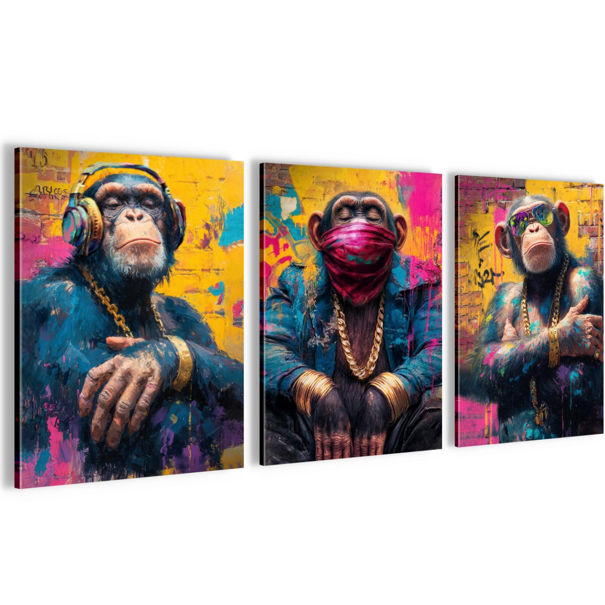 Novart Wandbild Set Banksy Style Collage 3 Bilder Wohnzimmer Streetart, Affen