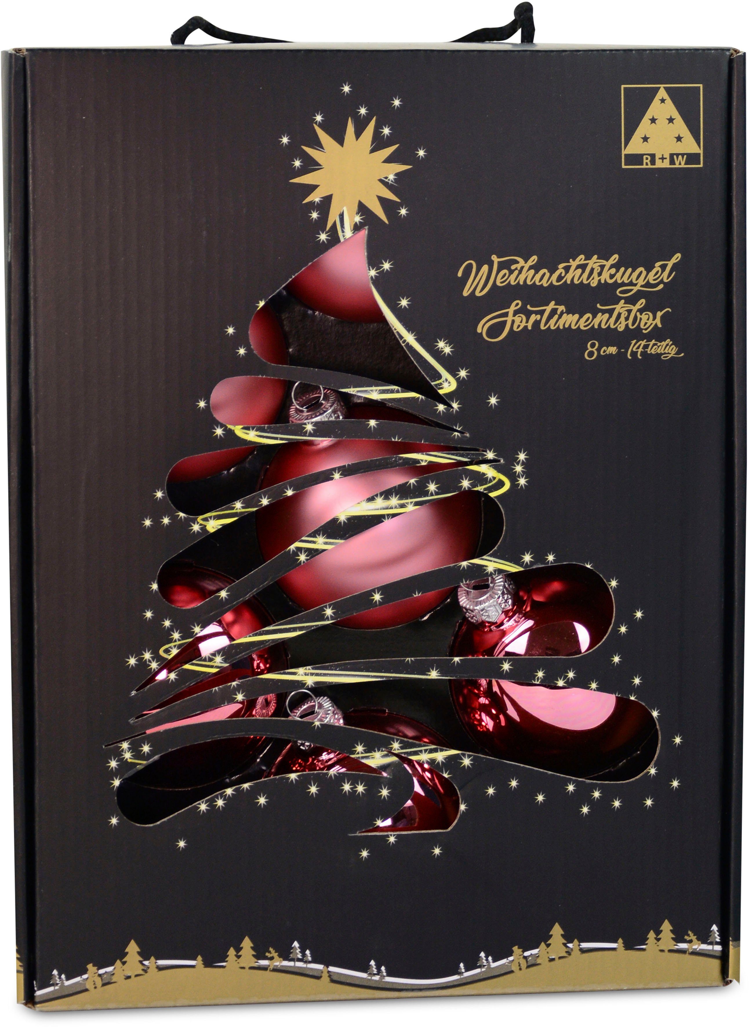 RIFFELMACHER & WEINBERGER Weihnachtsdeko, ca. Glas, praktischer Glas, (14 Christbaumschmuck, Ø cm, 8 aus Christbaumkugeln Weihnachtsbaumkugel St), mit Aufbewahrungsbox altrosa