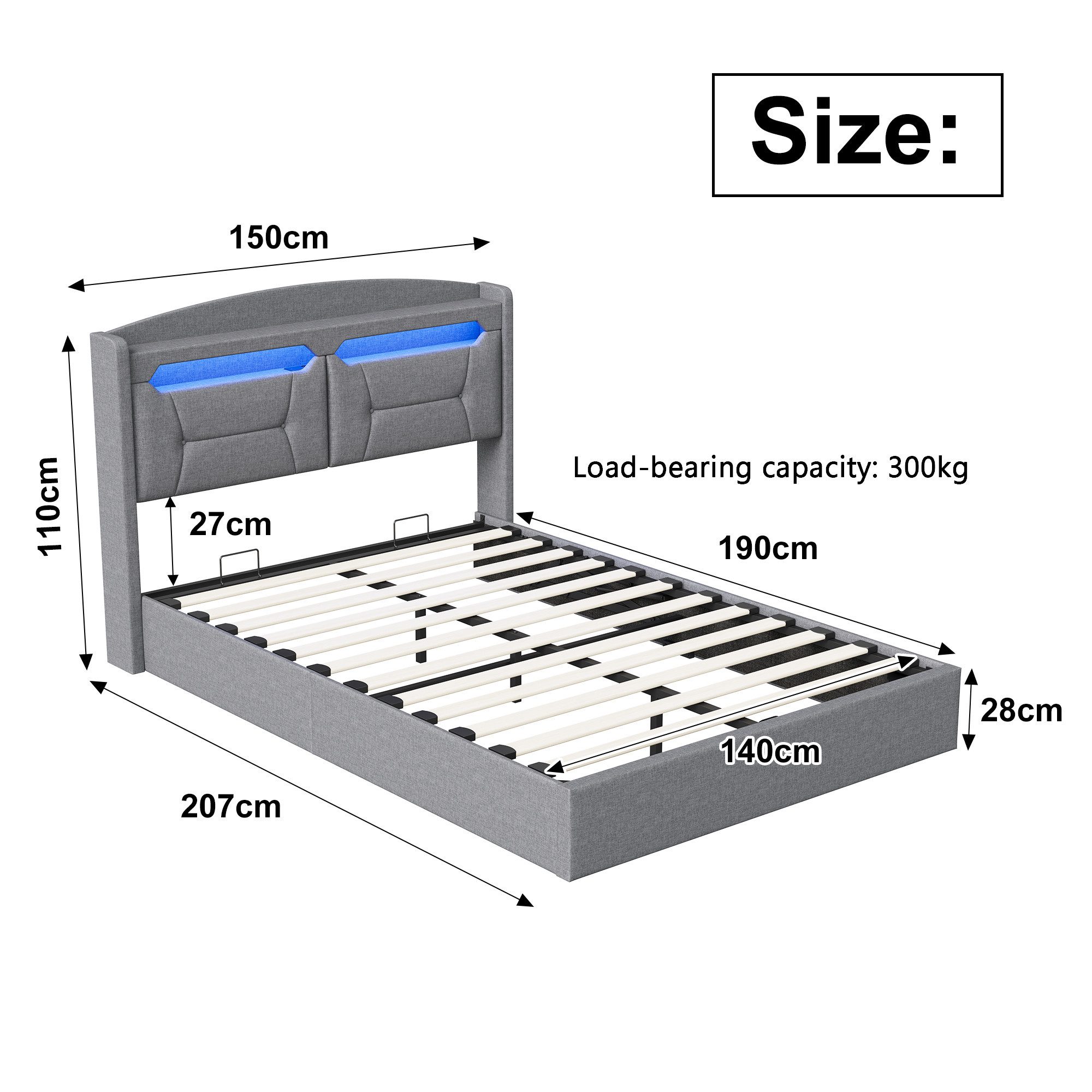Gdood Polsterbett Doppelbett mit LED Licht 140x200cm,Hydraulisch anhebbarer Stauraumbett (1-tlg., Mit Lattenrost und Ladefunktion, Leinenmaterial Polsterbett),  – Bild 3 von 5