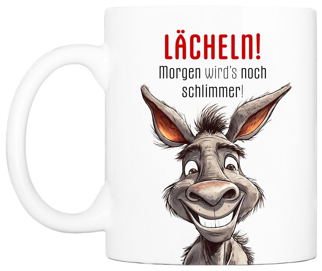 Cadouri Tasse LÄCHELN! beidseitig Tasse, Bürotasse, Spruch bedruckt, handgefertigt, Geschenk, 330 humorvolle - ml Kaffeetasse mit Keramik