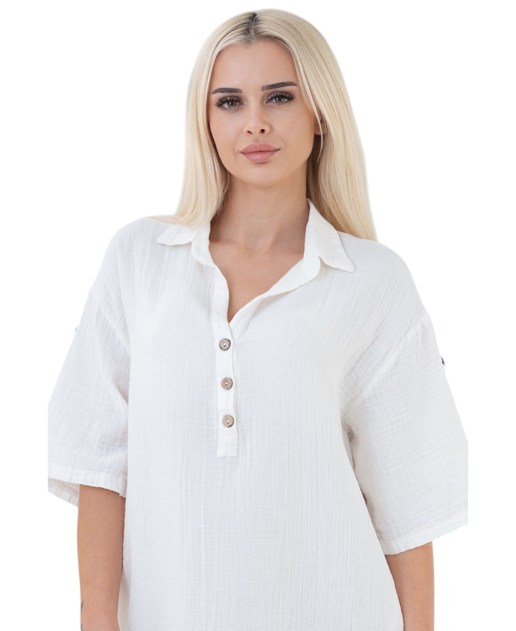 WENOR Blusenkleid Musselin Damen Tunika Kleid Baumwolle Oversize Sommerkleid Locker geschnitten mit Hemdkragen, Knopfleiste und Seitentaschen