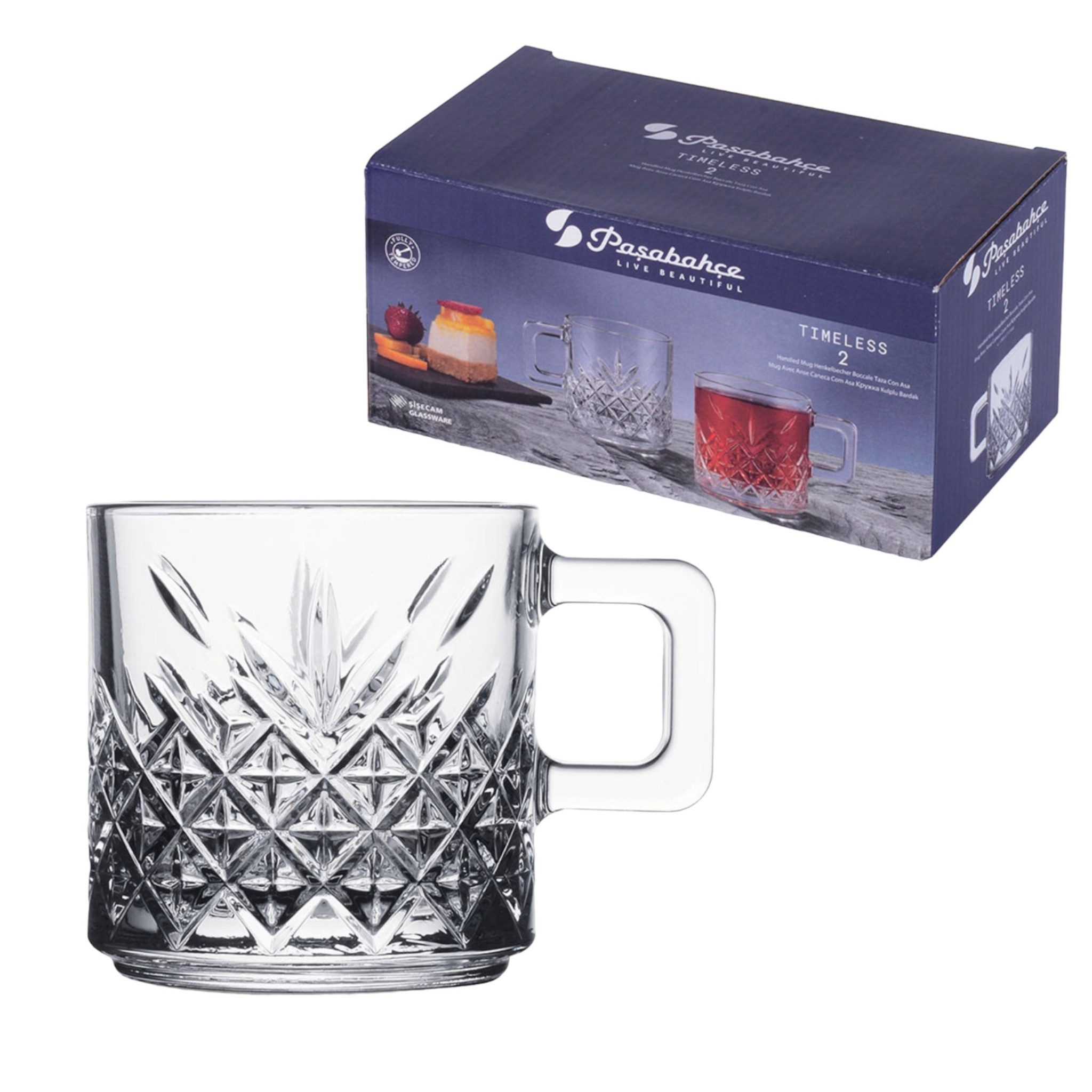 Pasabahce Gläser-Set Timeless Glasbecher mit Henkel, 2-tlg., Glas, 2er set, 195ml, stapelbar & temperiert, ideal für Kaffee, Tee