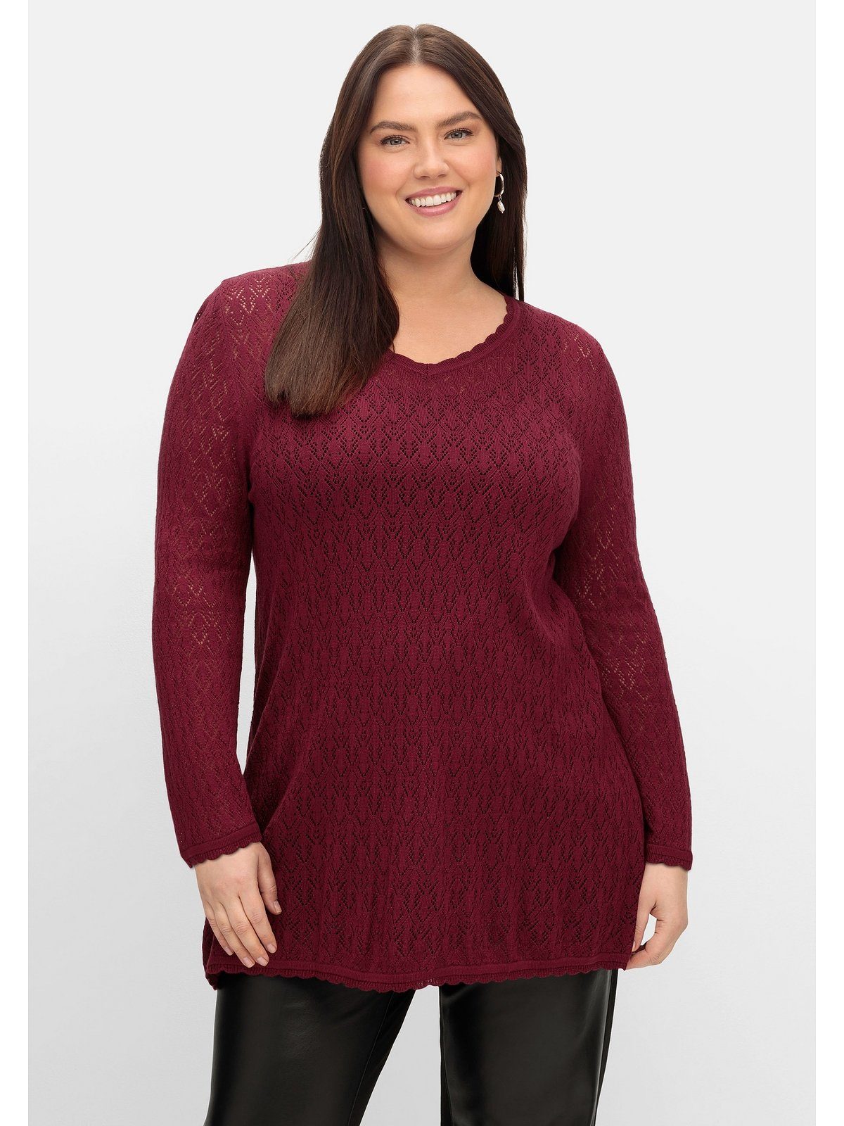 Sheego V-Ausschnitt-Pullover Große Größen aus Ajourstrick, in leichter A-Linie weinrot